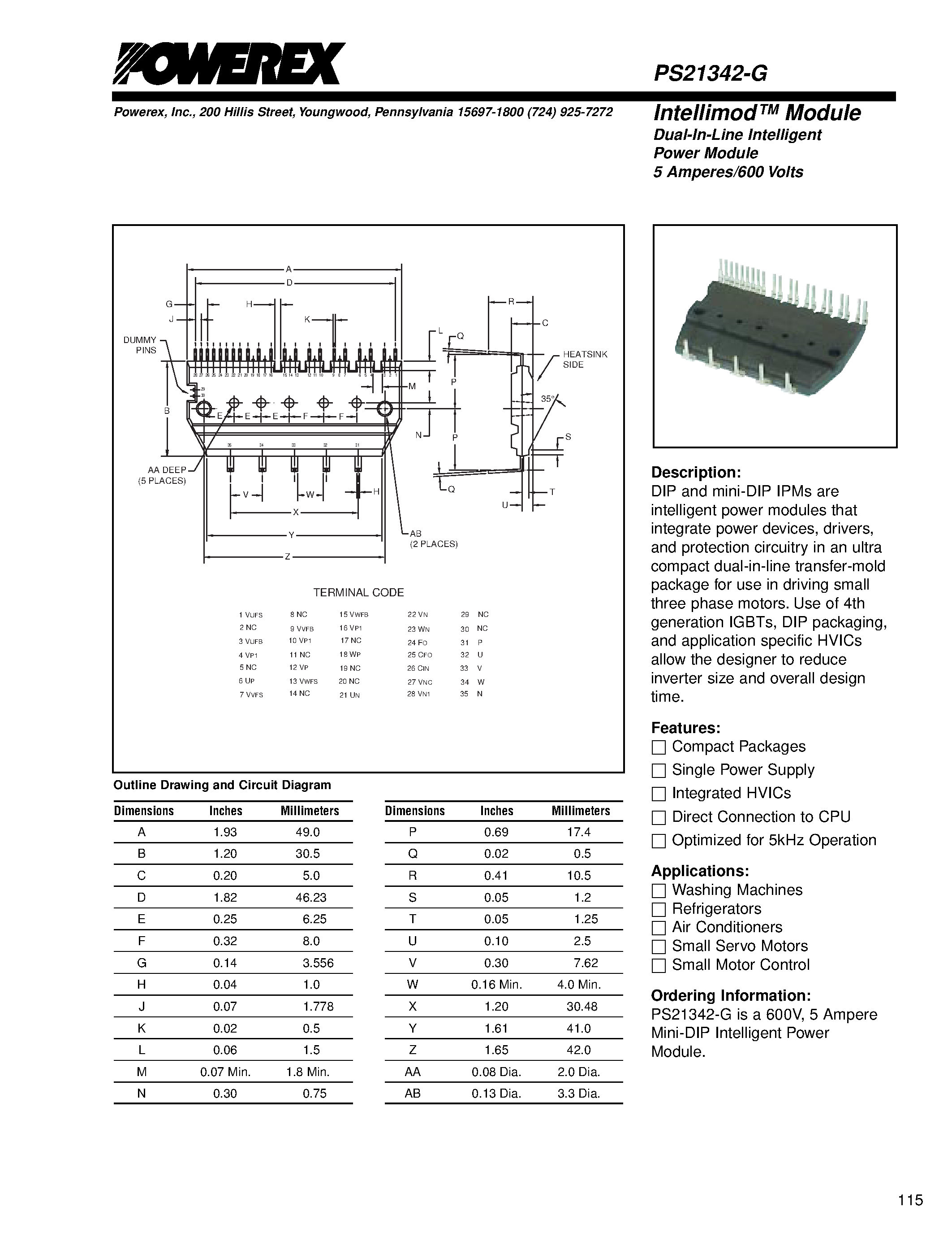 Datasheet PS21342 - Intellimod Module Dual-In-Line Intelligent Power Module (5 Amperes/600 Volts) page 1