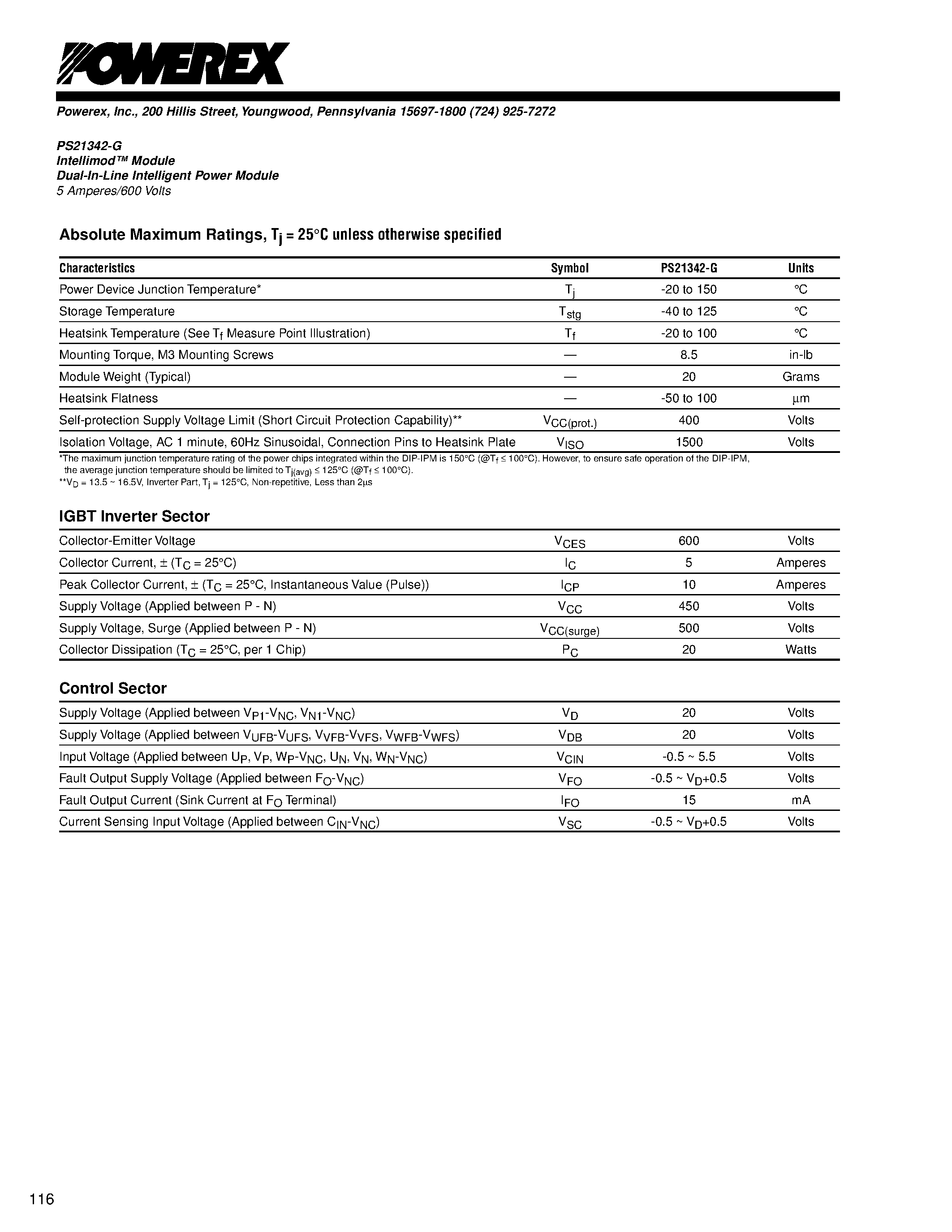 Datasheet PS21342 - Intellimod Module Dual-In-Line Intelligent Power Module (5 Amperes/600 Volts) page 2