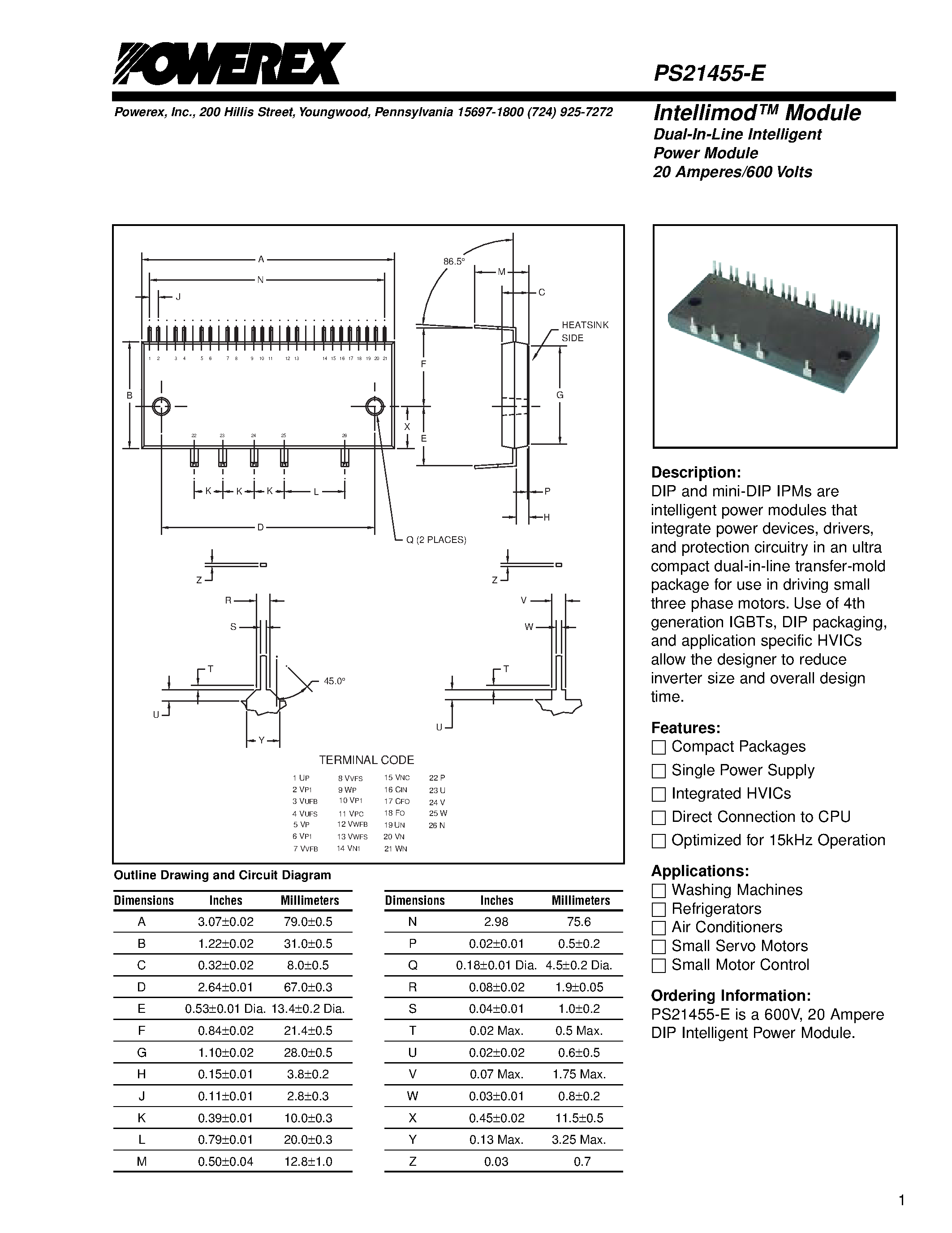 Даташит на микросхему PS21455-E страница 1 Даташит PS21455-E - Intellimod Module Dual-In-Line Intelligent Power Module (20 Amperes/600 Volts) страница 1