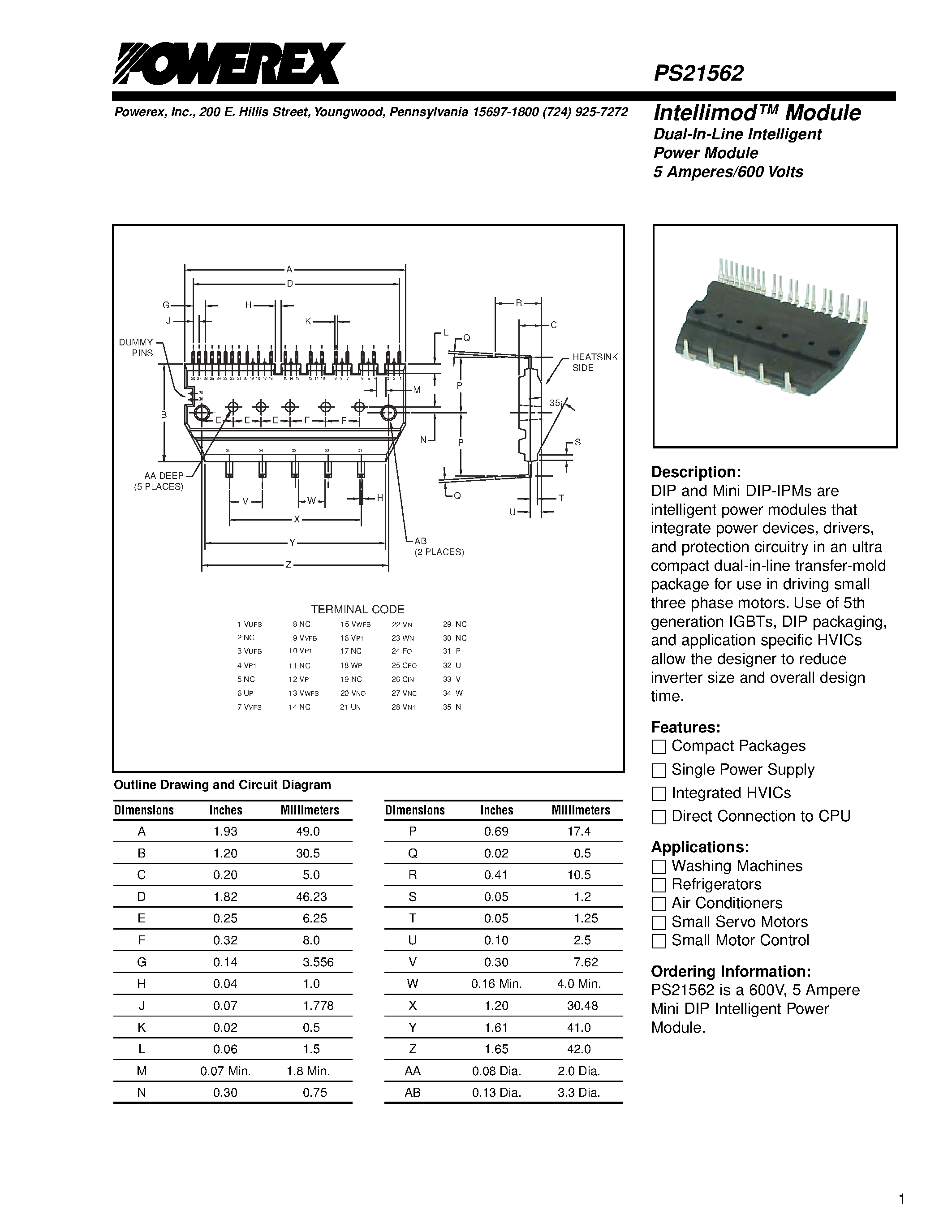 Datasheet PS21562 - Intellimod Module Dual-In-Line Intelligent Power Module (5 Amperes/600 Volts) page 1