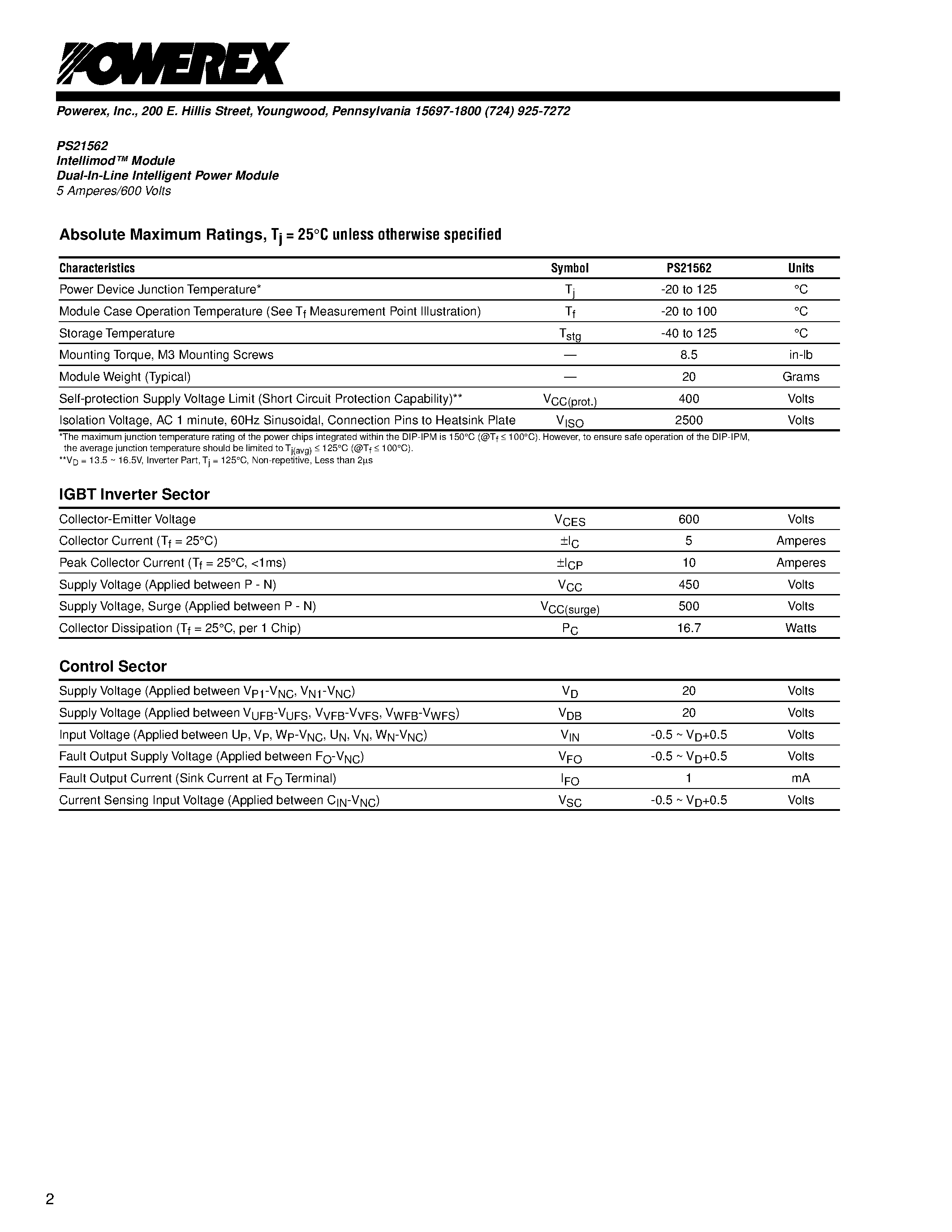 Datasheet PS21562 - Intellimod Module Dual-In-Line Intelligent Power Module (5 Amperes/600 Volts) page 2