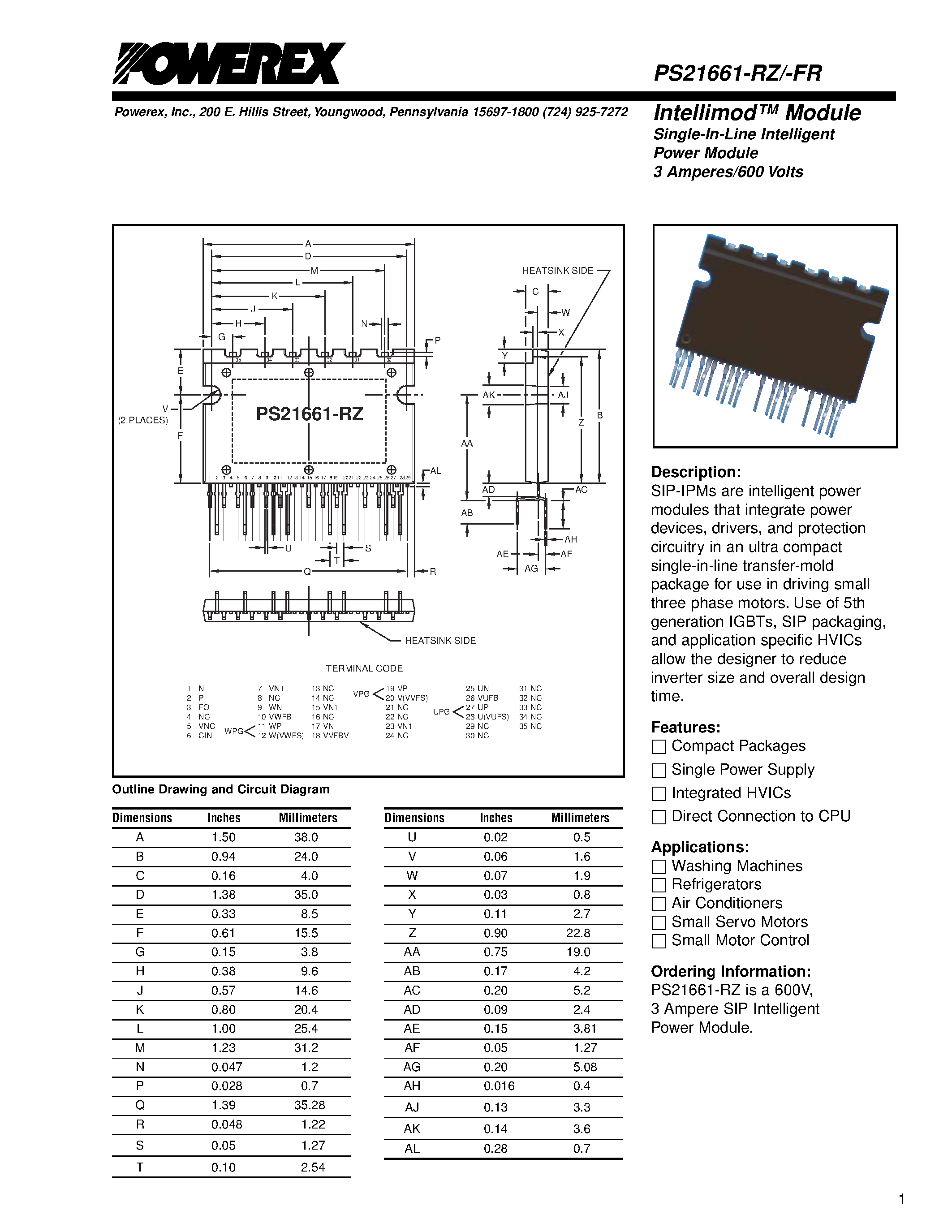 Datasheet PS21661 - Intellimod Module Single-In-Line Intelligent Power Module (3 Amperes/600 Volts) page 1