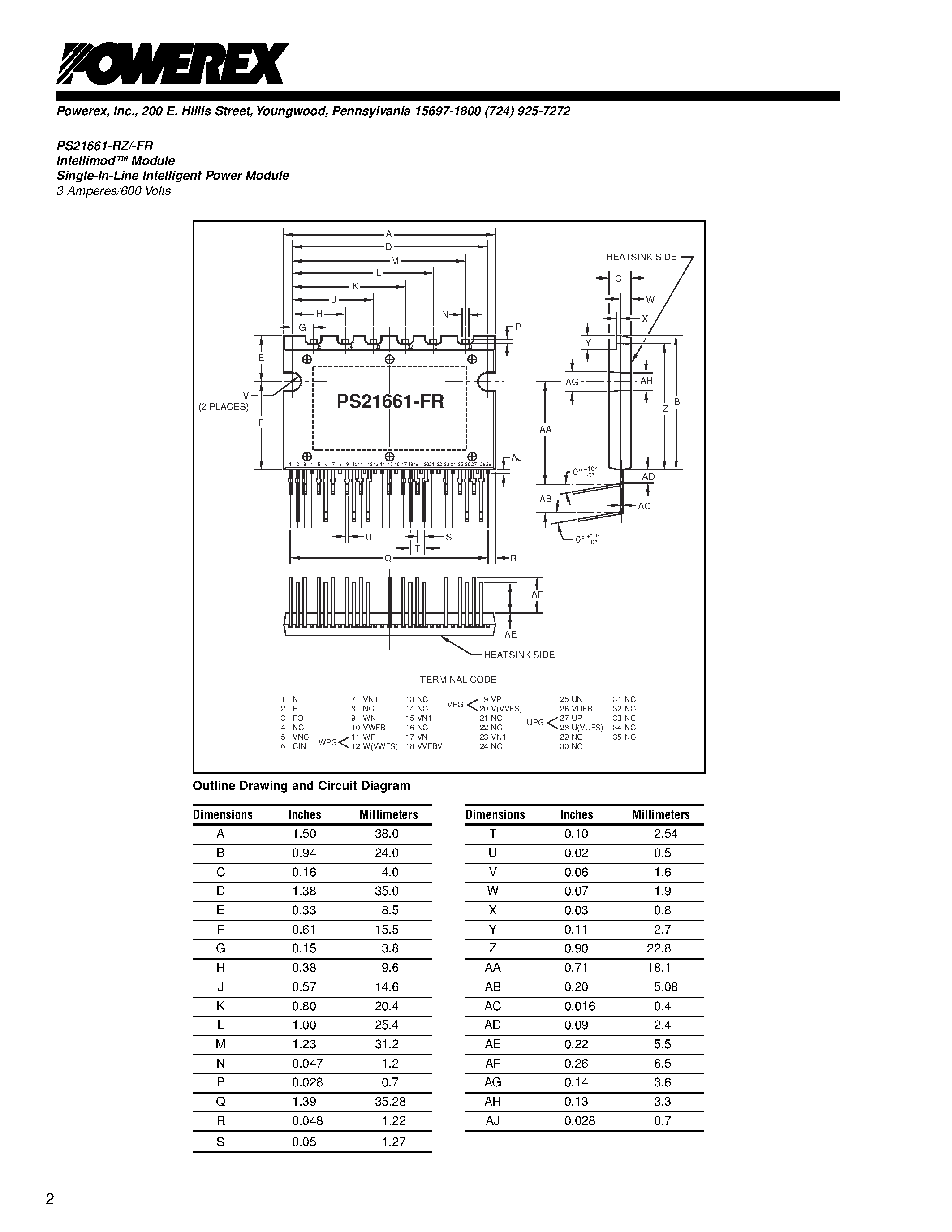 Datasheet PS21661-RZ - Intellimod Module Single-In-Line Intelligent Power Module (3 Amperes/600 Volts) page 2
