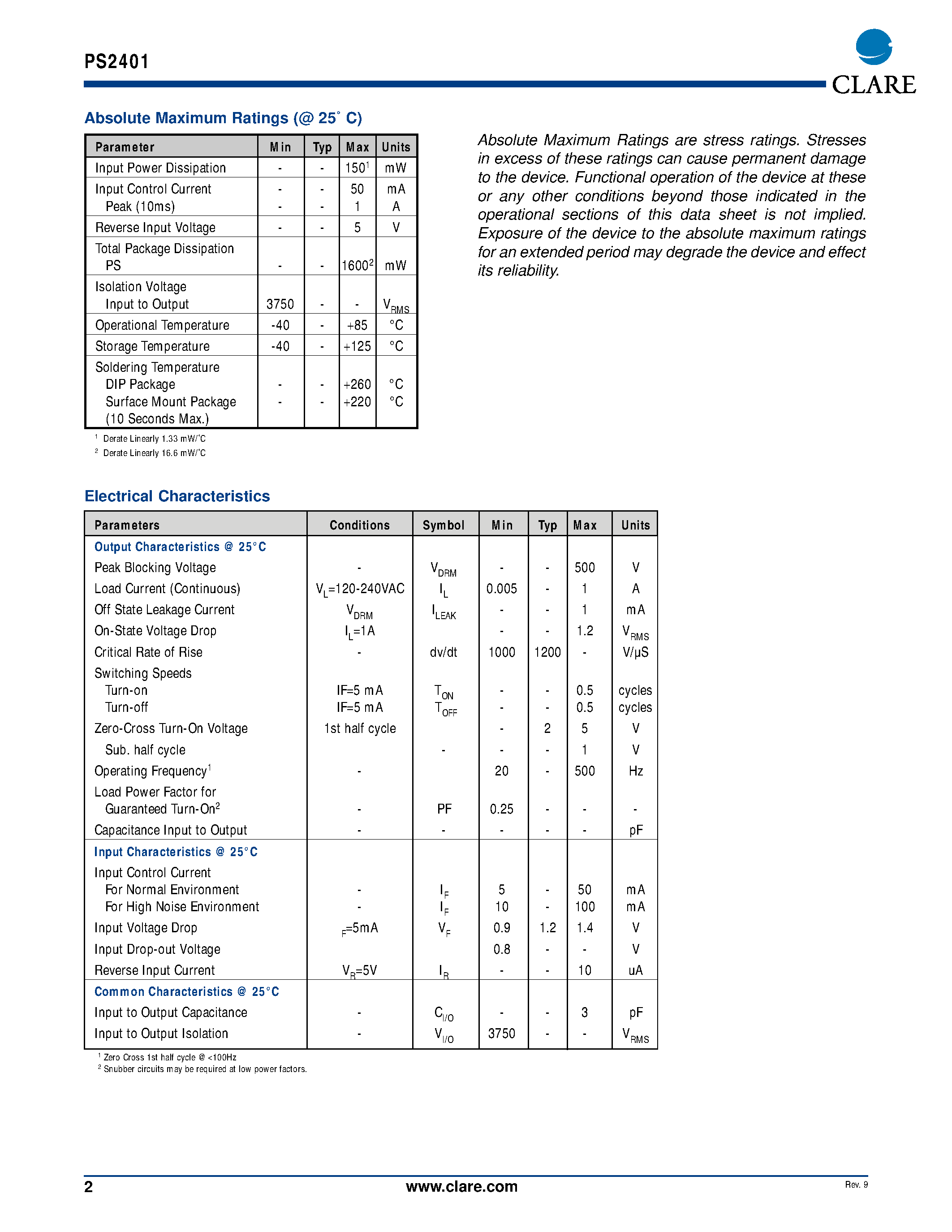 Datasheet PS2401 - AC Power Switch page 2