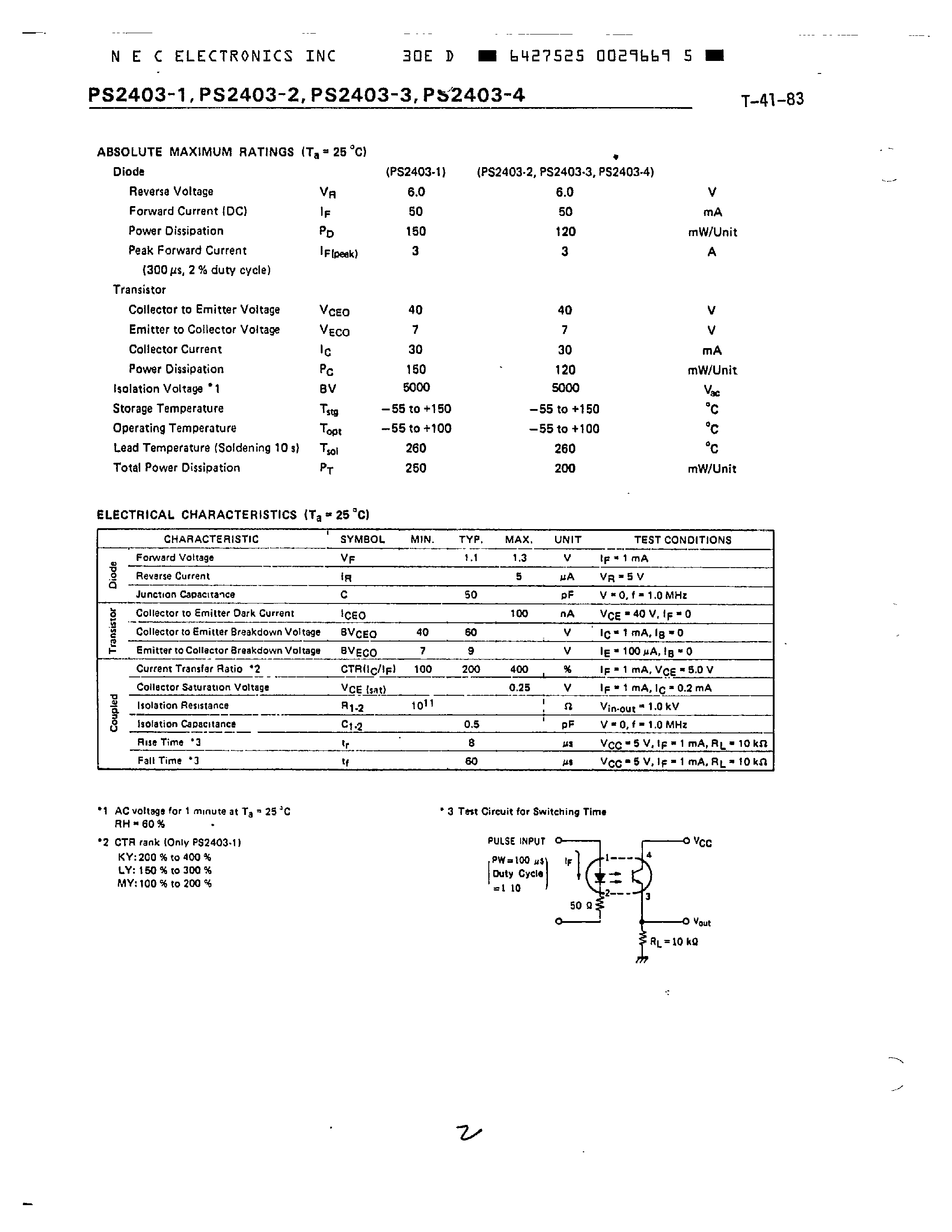 Datasheet PS2403-1 page 2 Datasheet PS2403-1 - MULTI PHOTO COUPLER HIGH ISOLATION VOLTAGE SINGLE TRANSISTOR TYPE page 2