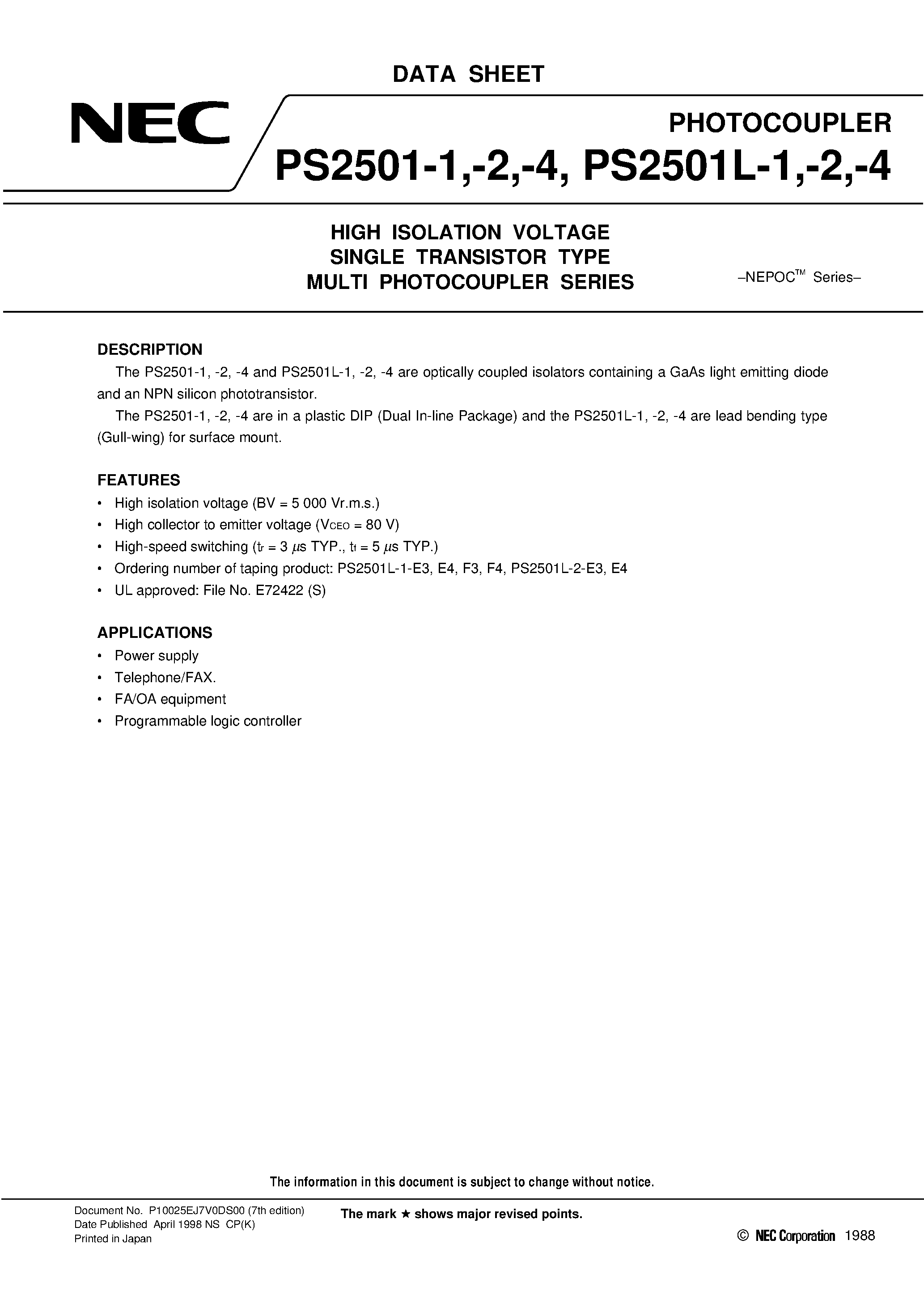 Datasheet PS2501L-1 - HIGH ISOLATION VOLTAGE SINGLE TRANSISTOR TYPE MULTI PHOTOCOUPLER SERIES page 1