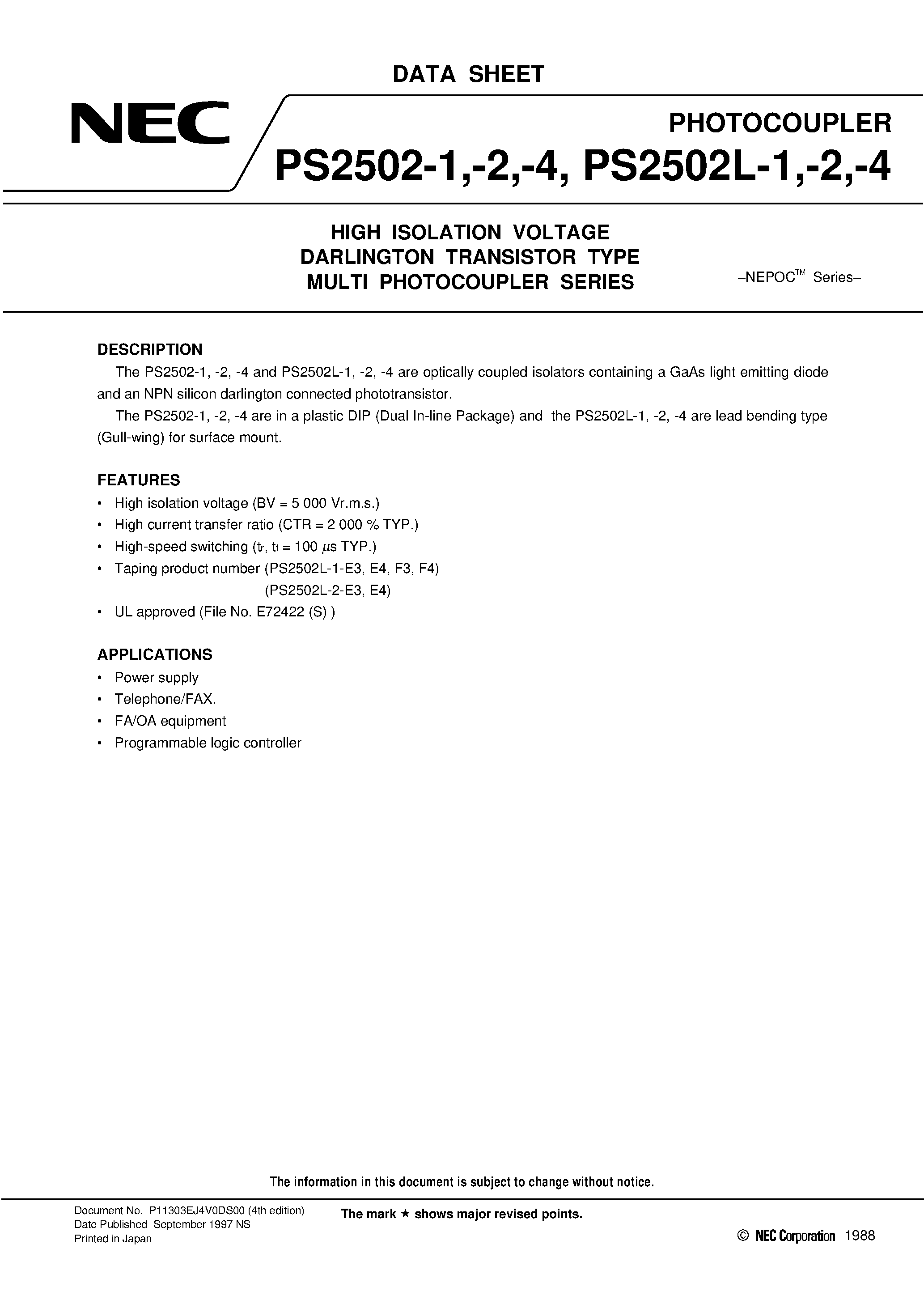 Datasheet PS2502L-4 - HIGH ISOLATION VOLTAGE DARLINGTON TRANSISTOR TYPE MULTI PHOTOCOUPLER SERIES page 1