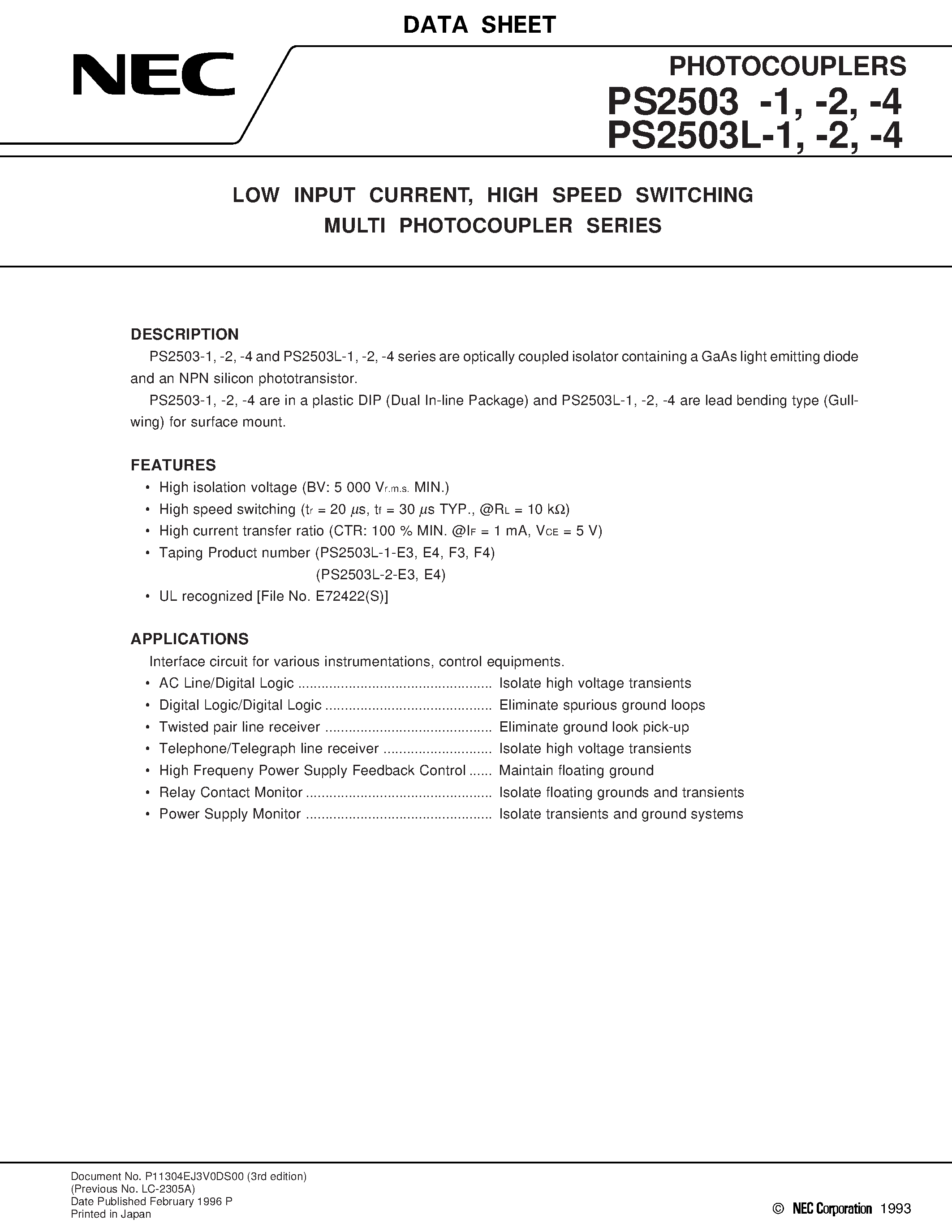 Datasheet PS2503-1 - LOW INPUT CURRENT / HIGH SPEED SWITCHING MULTI PHOTOCOUPLER SERIES page 1