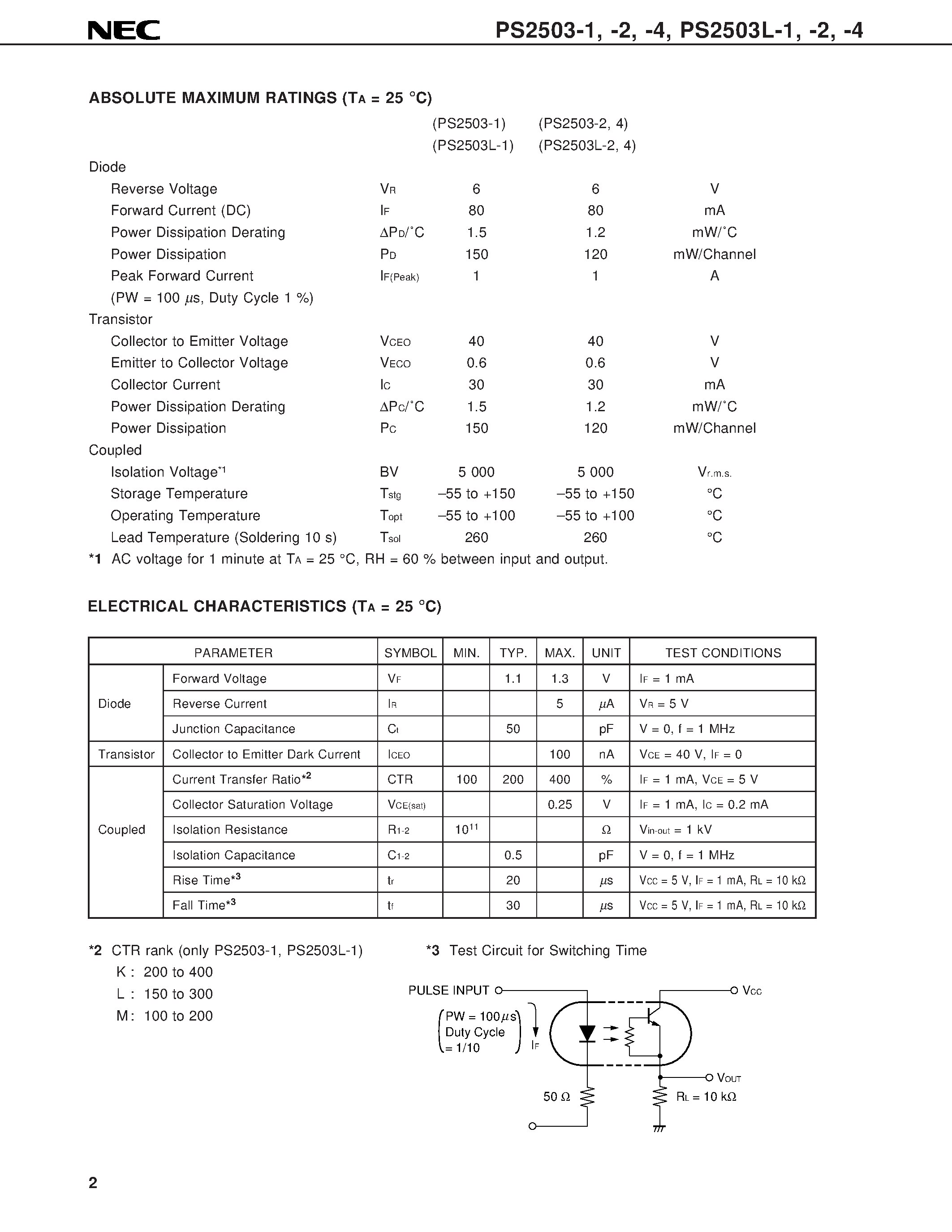 Datasheet PS2503L-1 - LOW INPUT CURRENT / HIGH SPEED SWITCHING MULTI PHOTOCOUPLER SERIES page 2