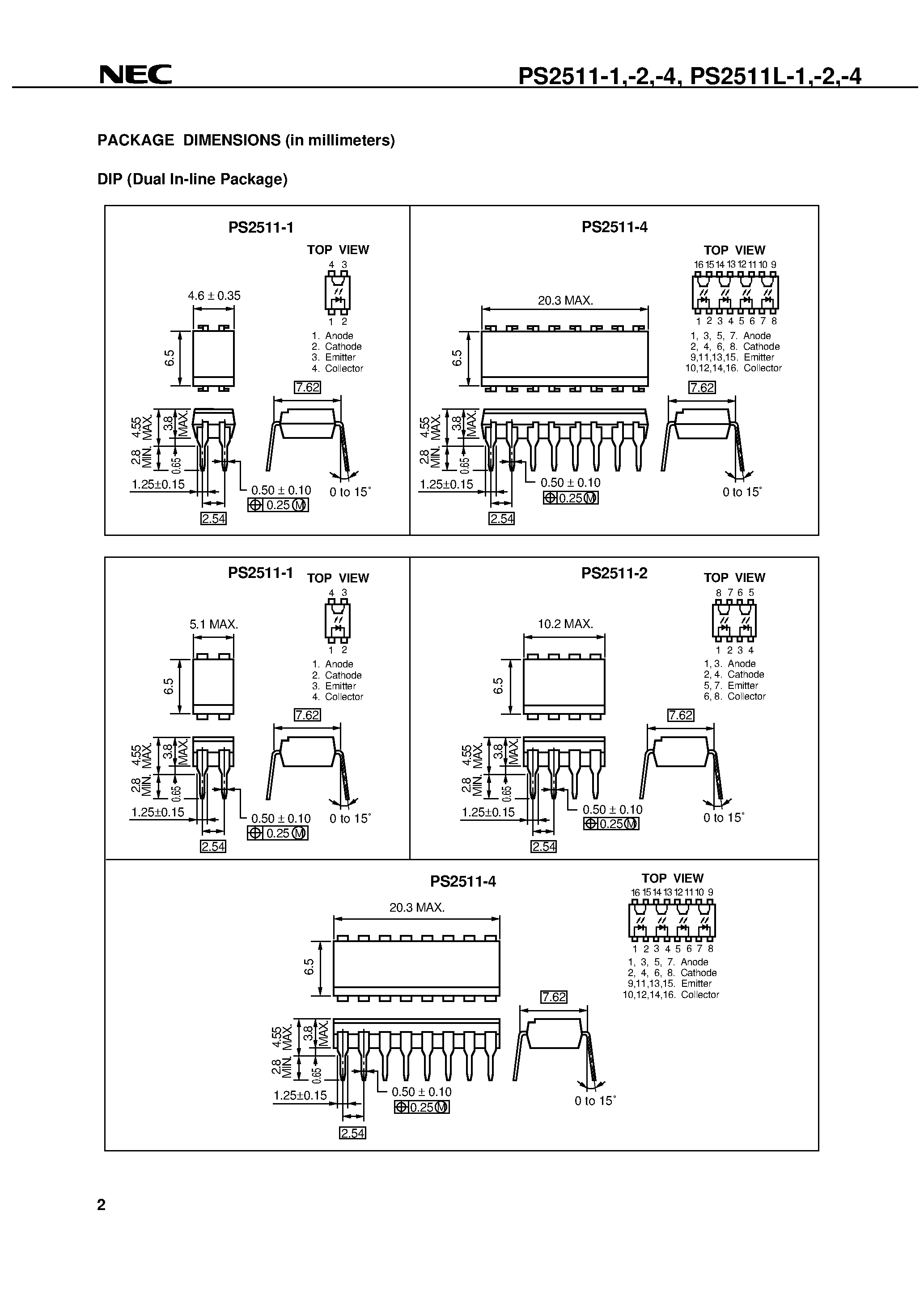 Datasheet PS2511-4 - HIGH ISOLATION VOLTAGE STANDARD MULTI PHOTOCOUPLER SERIES SINGLE TRANSISTOR TYPE page 2