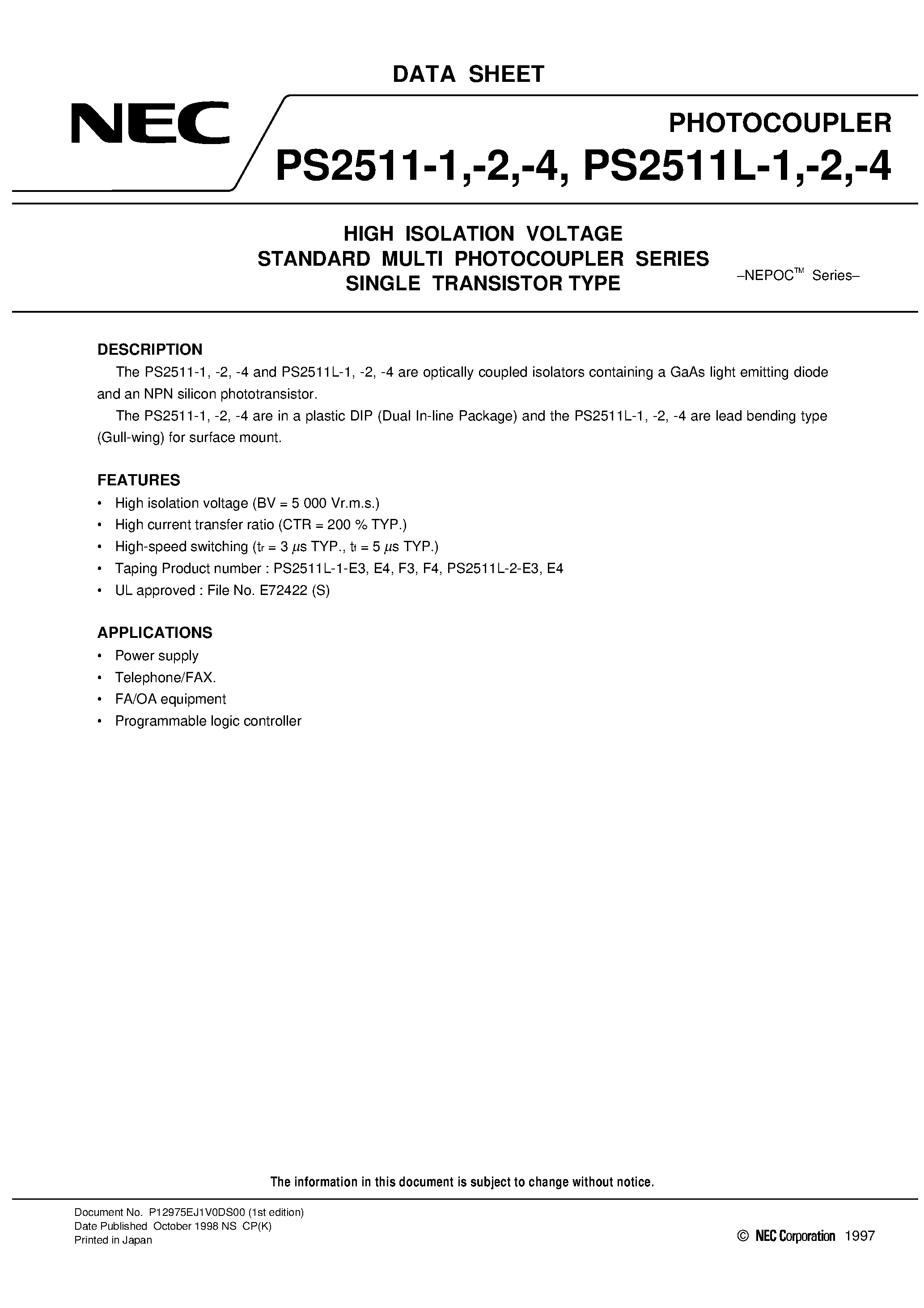 Datasheet PS2511L-2-E4 - HIGH ISOLATION VOLTAGE STANDARD MULTI PHOTOCOUPLER SERIES SINGLE TRANSISTOR TYPE page 1