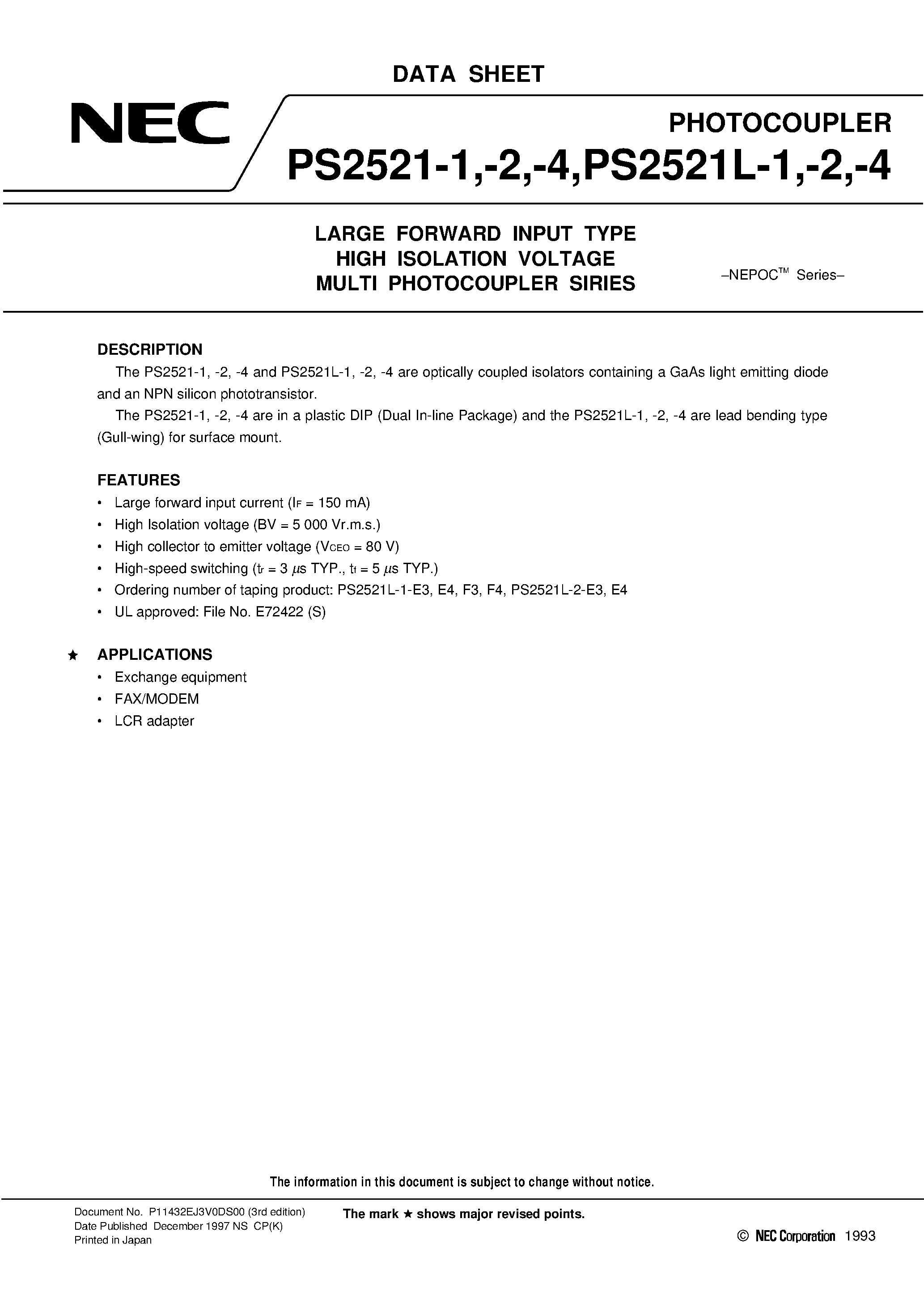 Datasheet PS2521L-2-E4 - LARGE FORWARD INPUT TYPE HIGH ISOLATION VOLTAGE MULTI PHOTOCOUPLER SIRIES page 1