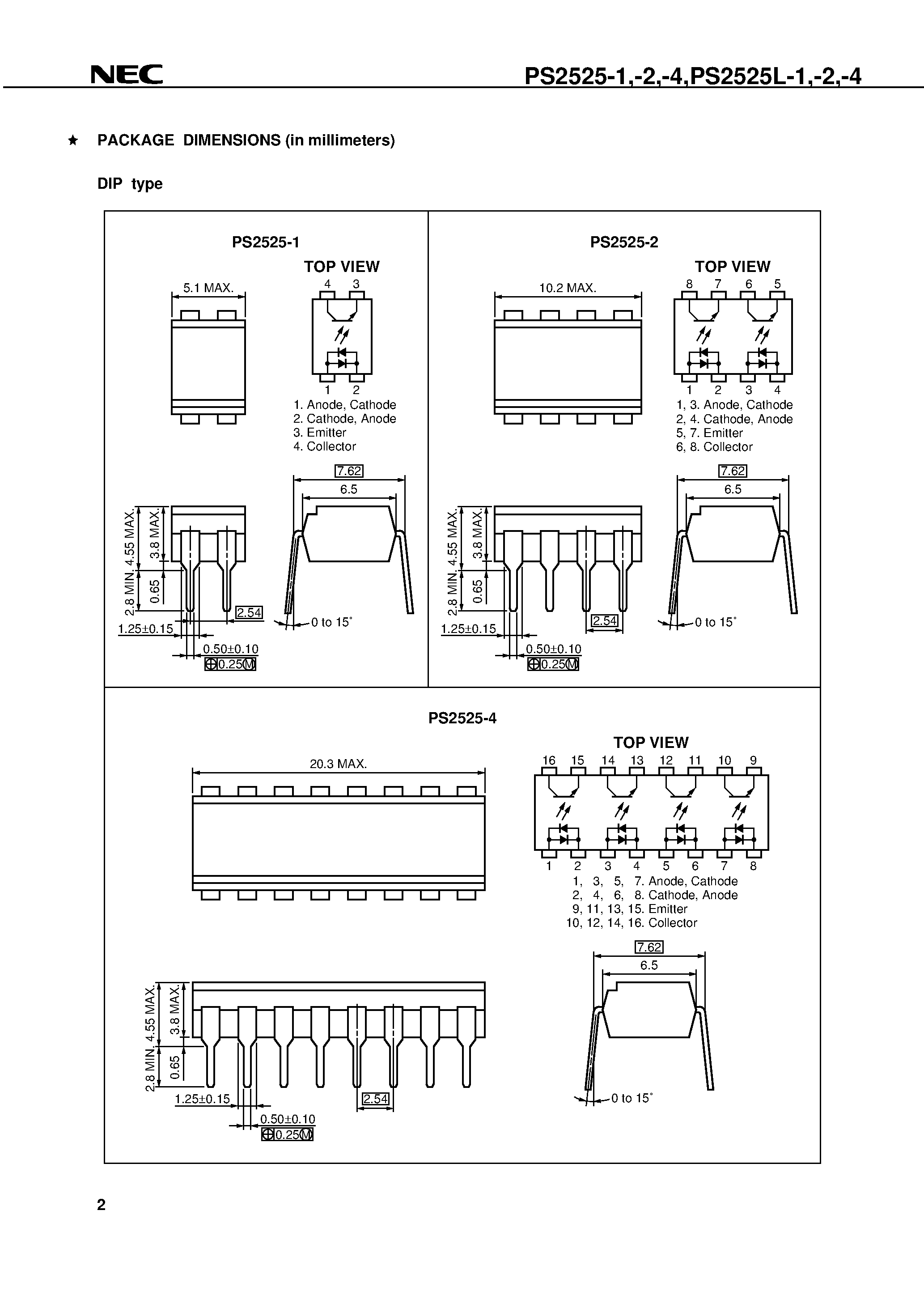 Даташит PS2525L-1-E4 - LARGE FORWARD INPUT TYPE AC INPUT RESPONSE TYPE MULTI PHOTOCOUPLER SIRIES страница 2