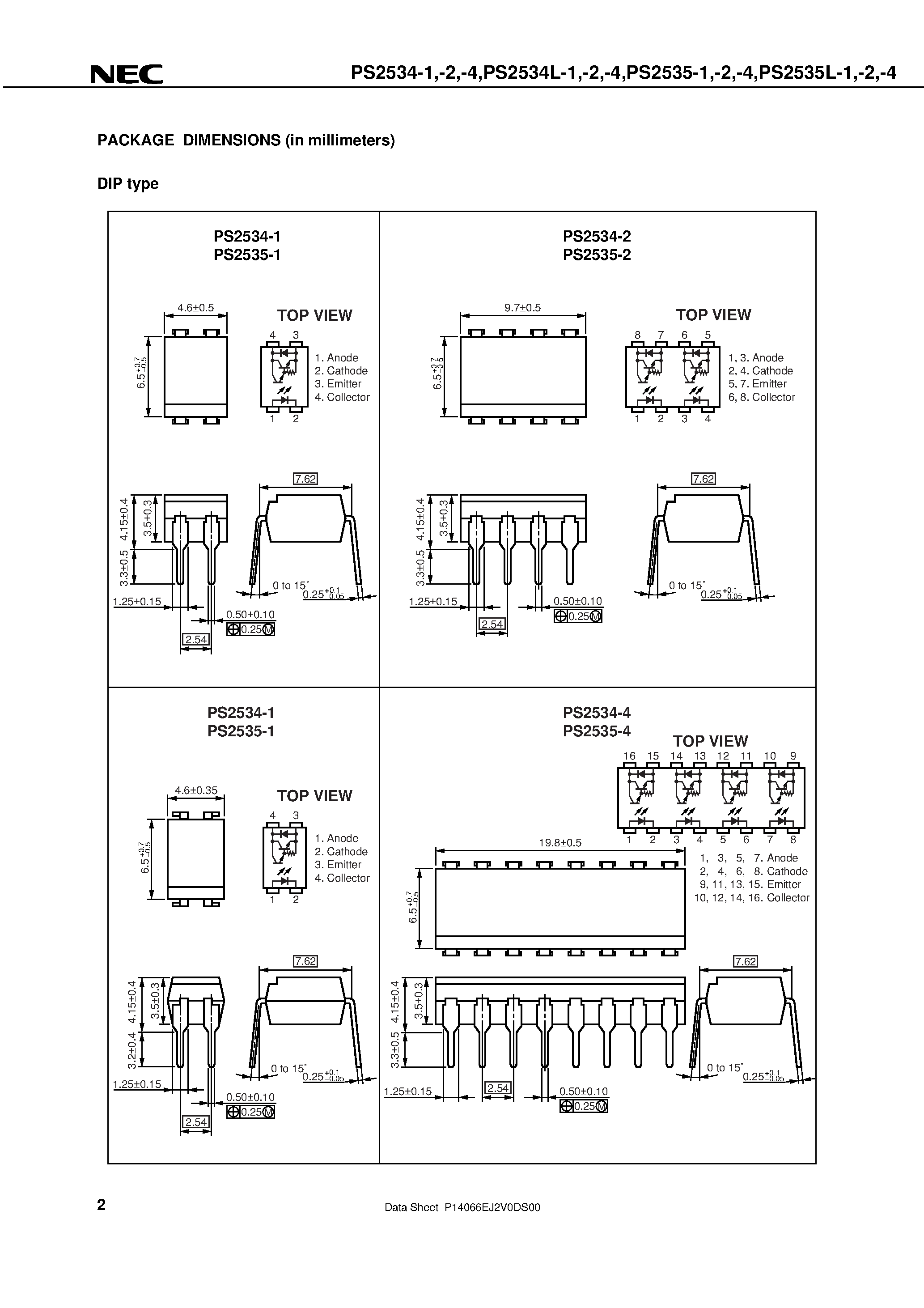 Datasheet PS2535-4 - HIGH COLLECTOR TO EMITTER VOLTAGE HIGH ISOLATION VOLTAGE MULTI PHOTOCOUPLER SERIES page 2