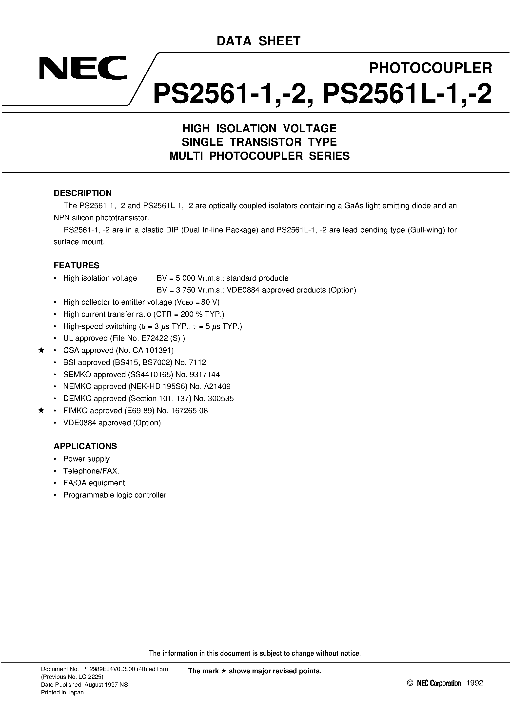 Datasheet PS2561L2-1-V - HIGH ISOLATION VOLTAGE SINGLE TRANSISTOR TYPE MULTI PHOTOCOUPLER SERIES page 1