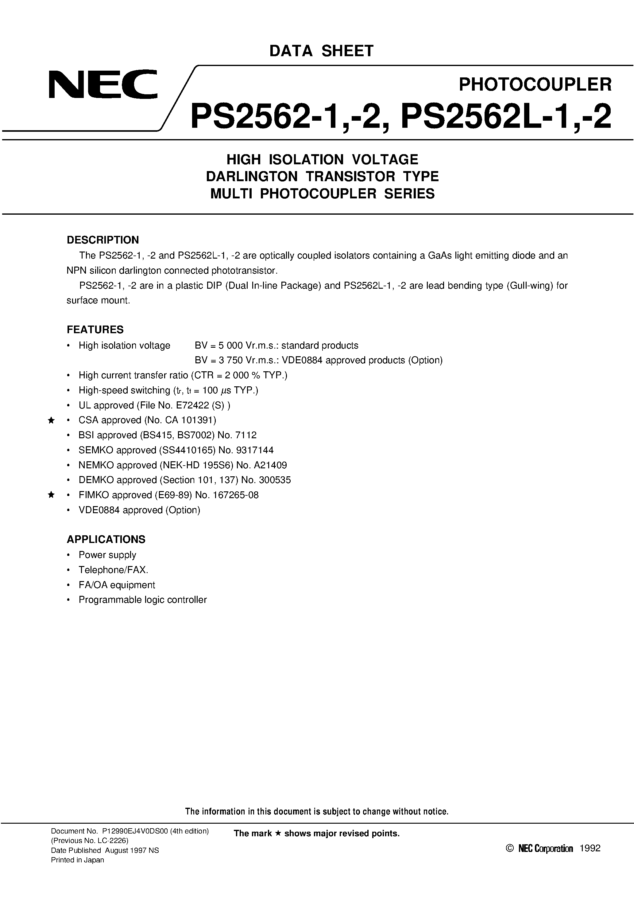 Datasheet PS2562-2 - HIGH ISOLATION VOLTAGE DARLINGTON TRANSISTOR TYPE MULTI PHOTOCOUPLER SERIES page 1