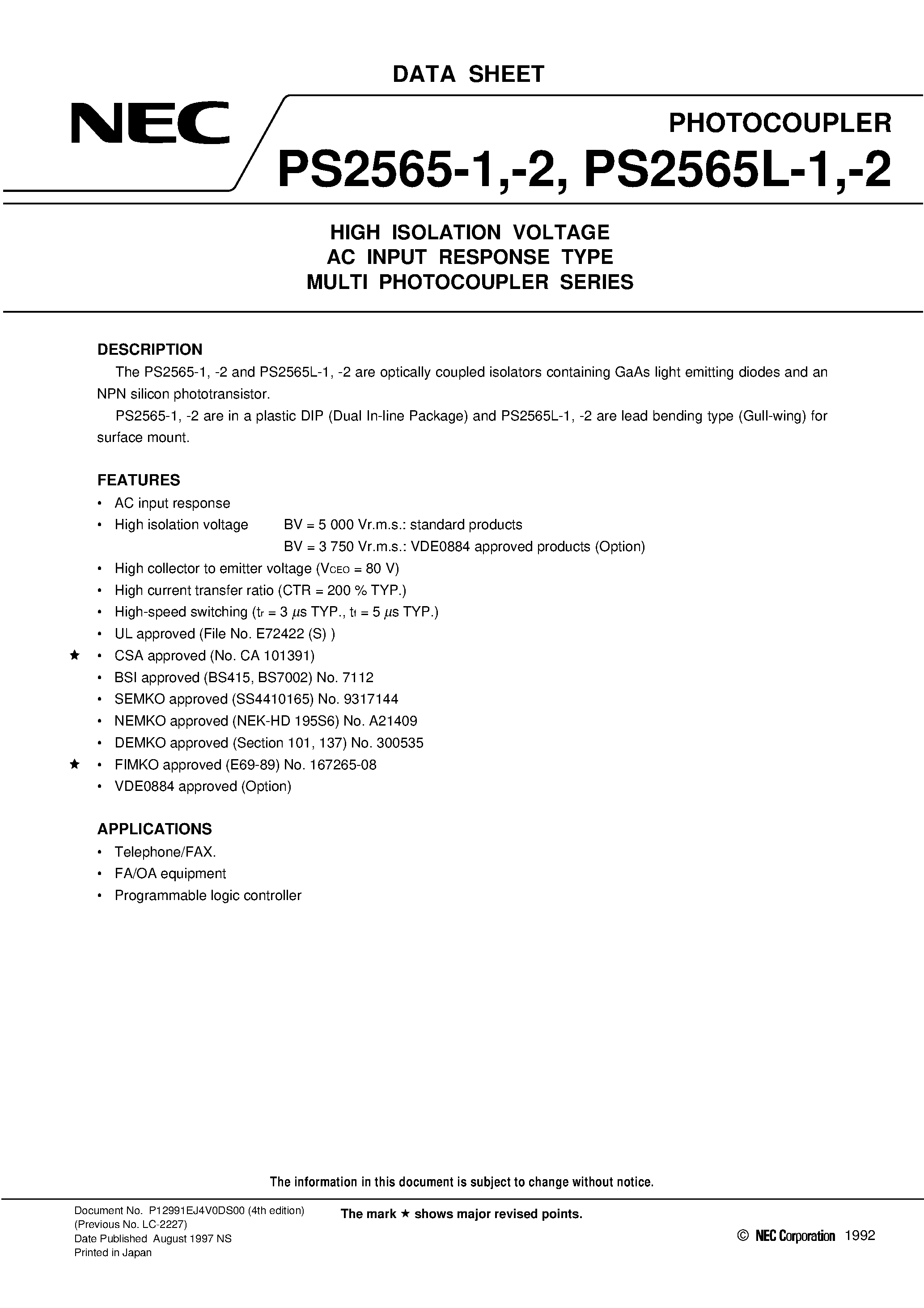 Datasheet PS2565L-2 - HIGH ISOLATION VOLTAGE AC INPUT RESPONSE TYPE MULTI PHOTOCOUPLER SERIES page 1