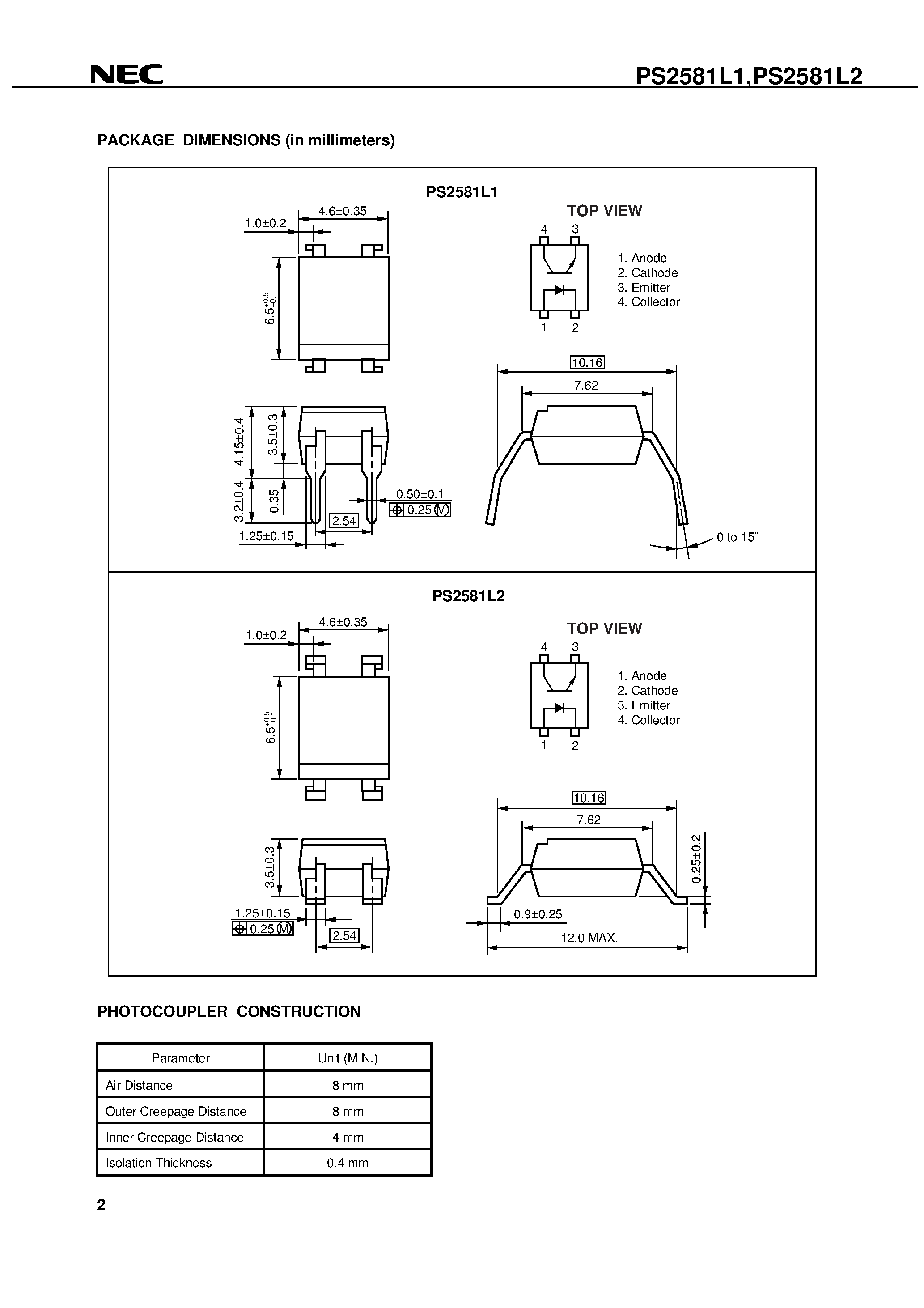 Datasheet PS2581L1 - LONG CREEPAGE TYPE HIGH ISOLATION VOLTAGE 4-PIN PHOTOCOUPLER page 2