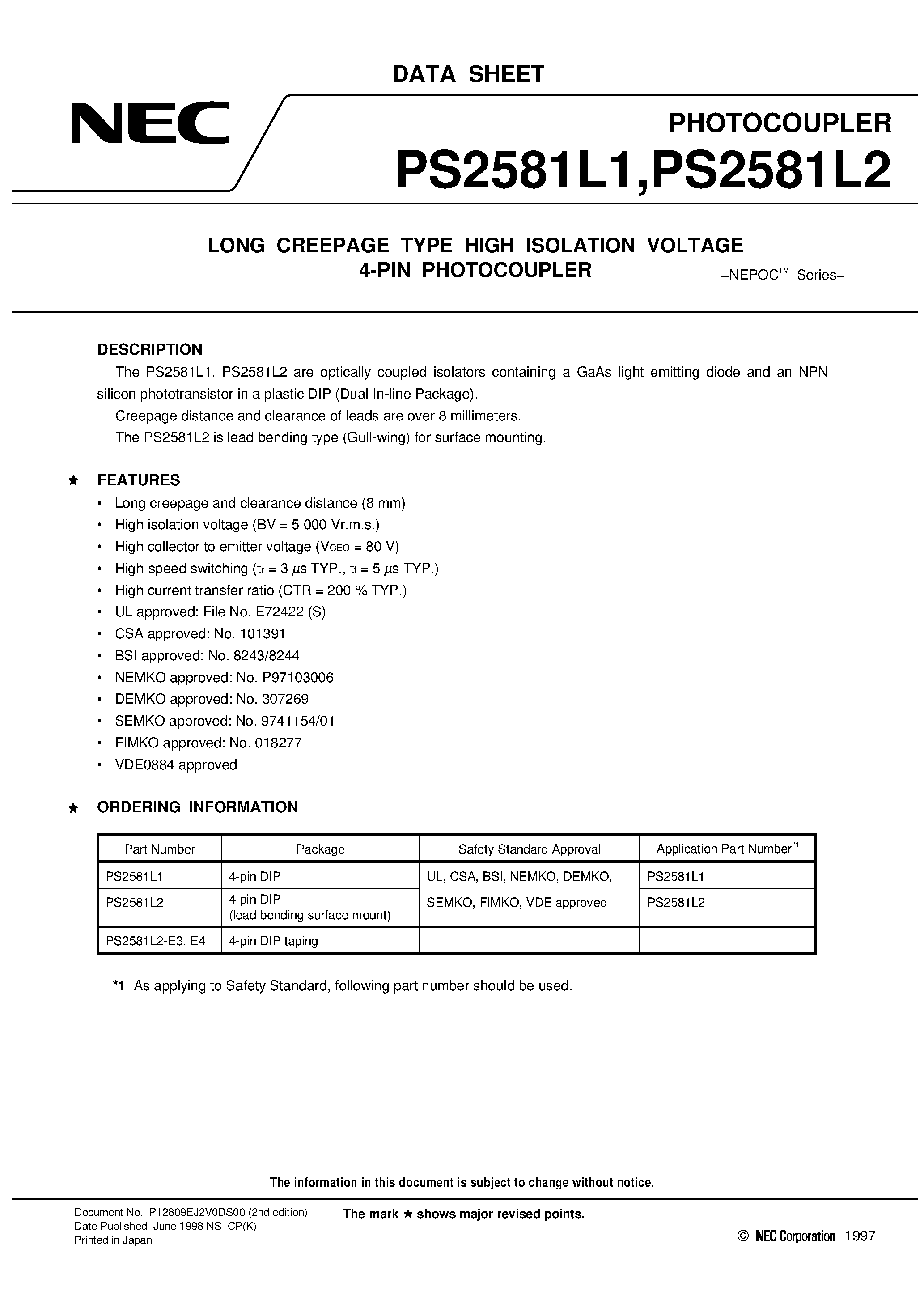 Datasheet PS2581L2-E4 - LONG CREEPAGE TYPE HIGH ISOLATION VOLTAGE 4-PIN PHOTOCOUPLER page 1