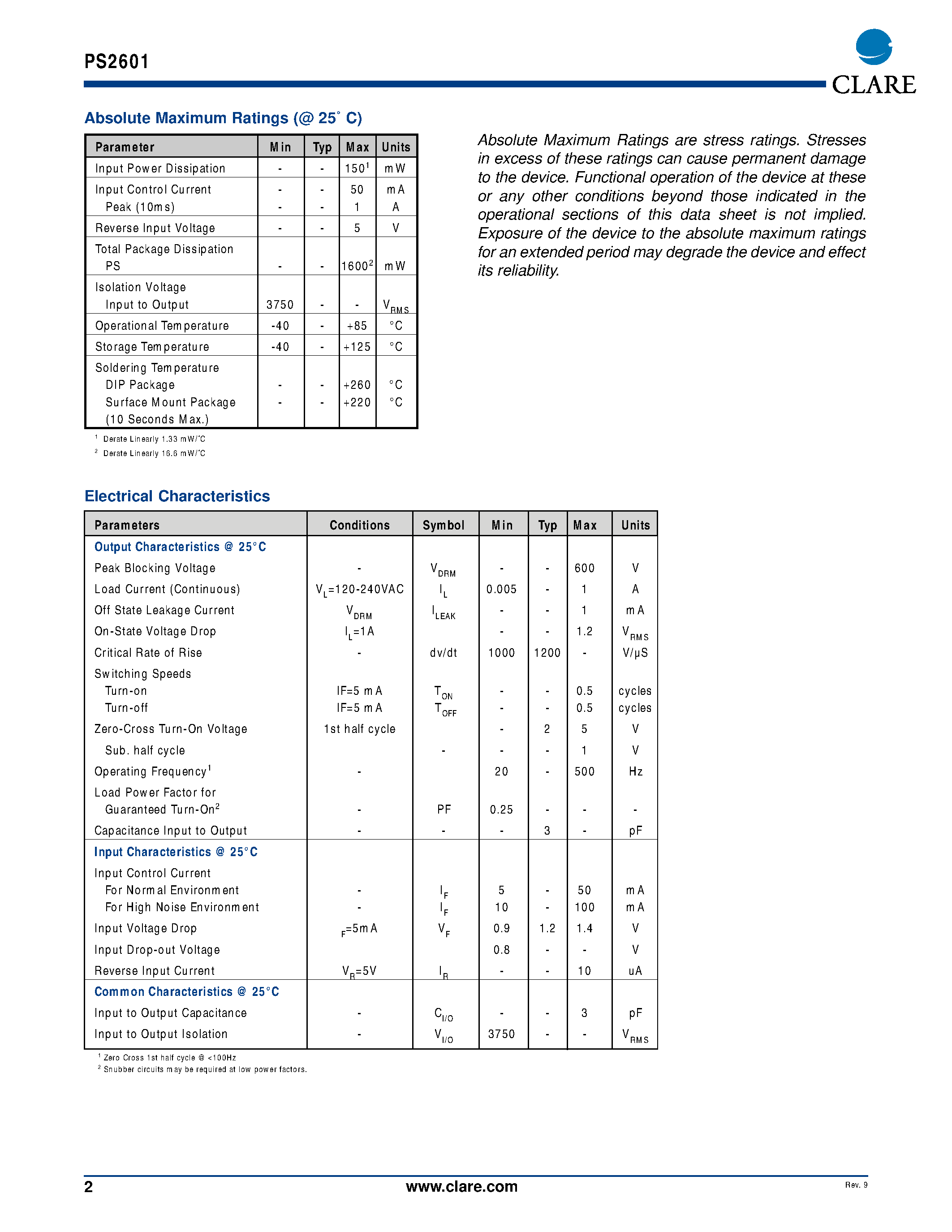 Datasheet PS2601 page 2 Datasheet PS2601 - AC Power Switch page 2