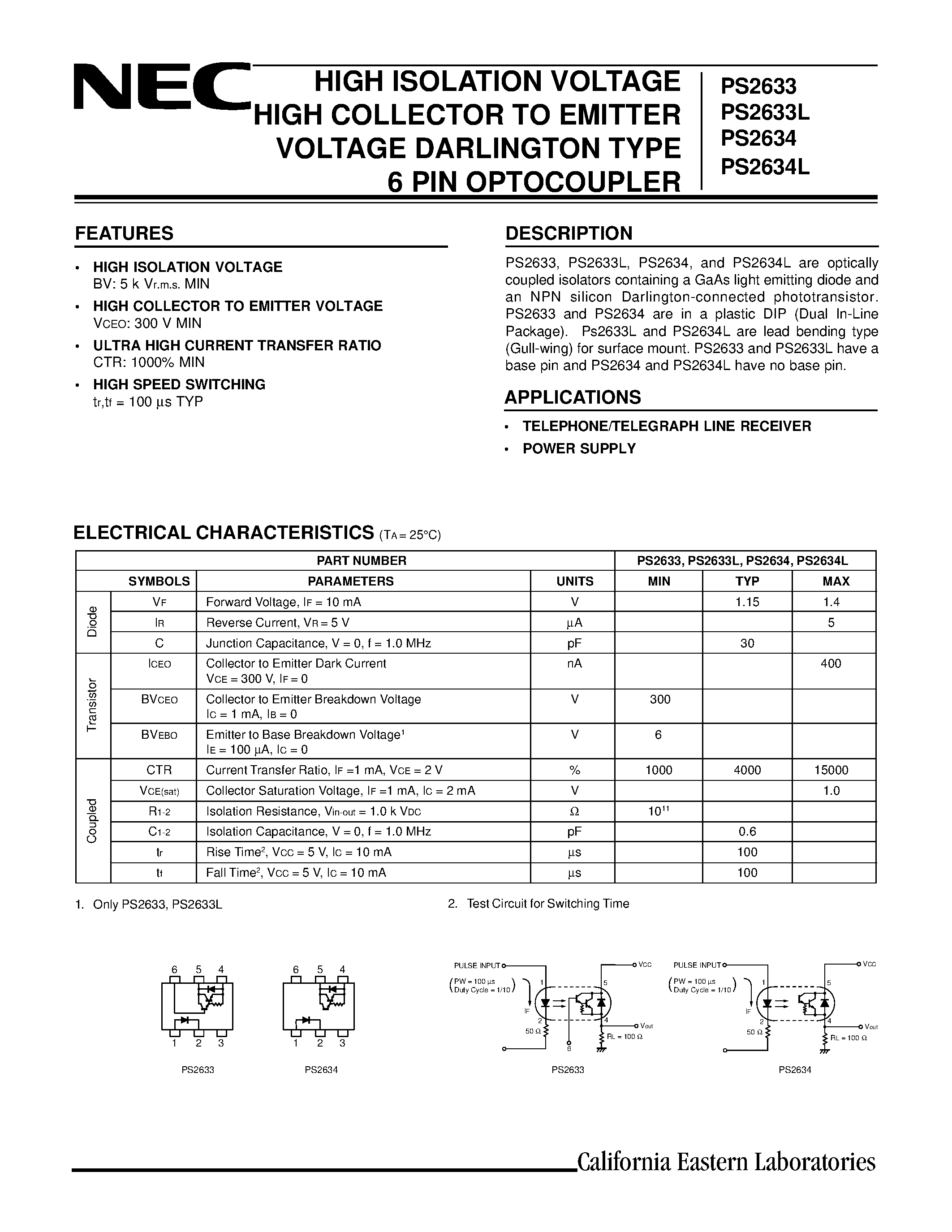 Datasheet PS2633L - HIGH ISOLATION VOLTAGE HIGH COLLECTOR TO EMITTER VOLTAGE DARLINGTON TYPE 6 PIN OPTOCOUPLER page 1
