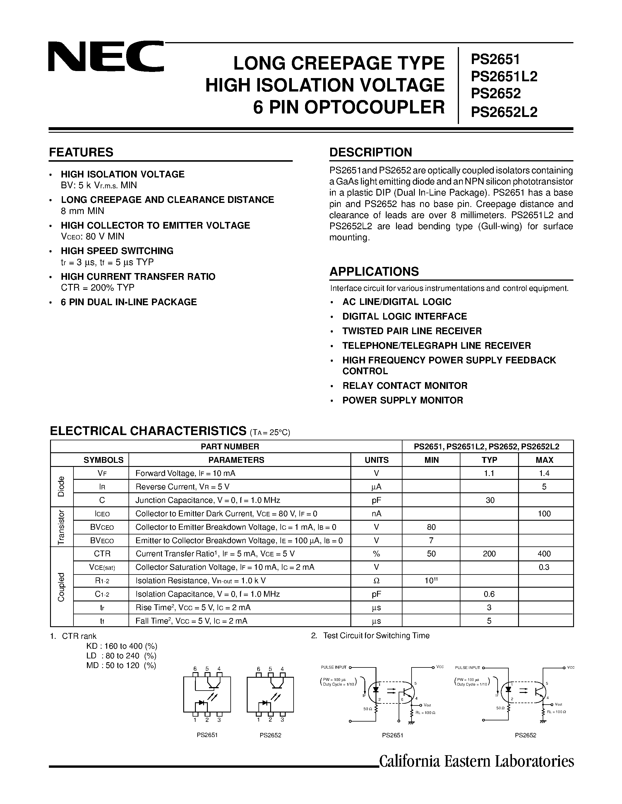 Datasheet PS2651 - LONG CREEPAGE TYPE HIGH ISOLATION VOLTAGE 6 PIN OPTOCOUPLER page 1