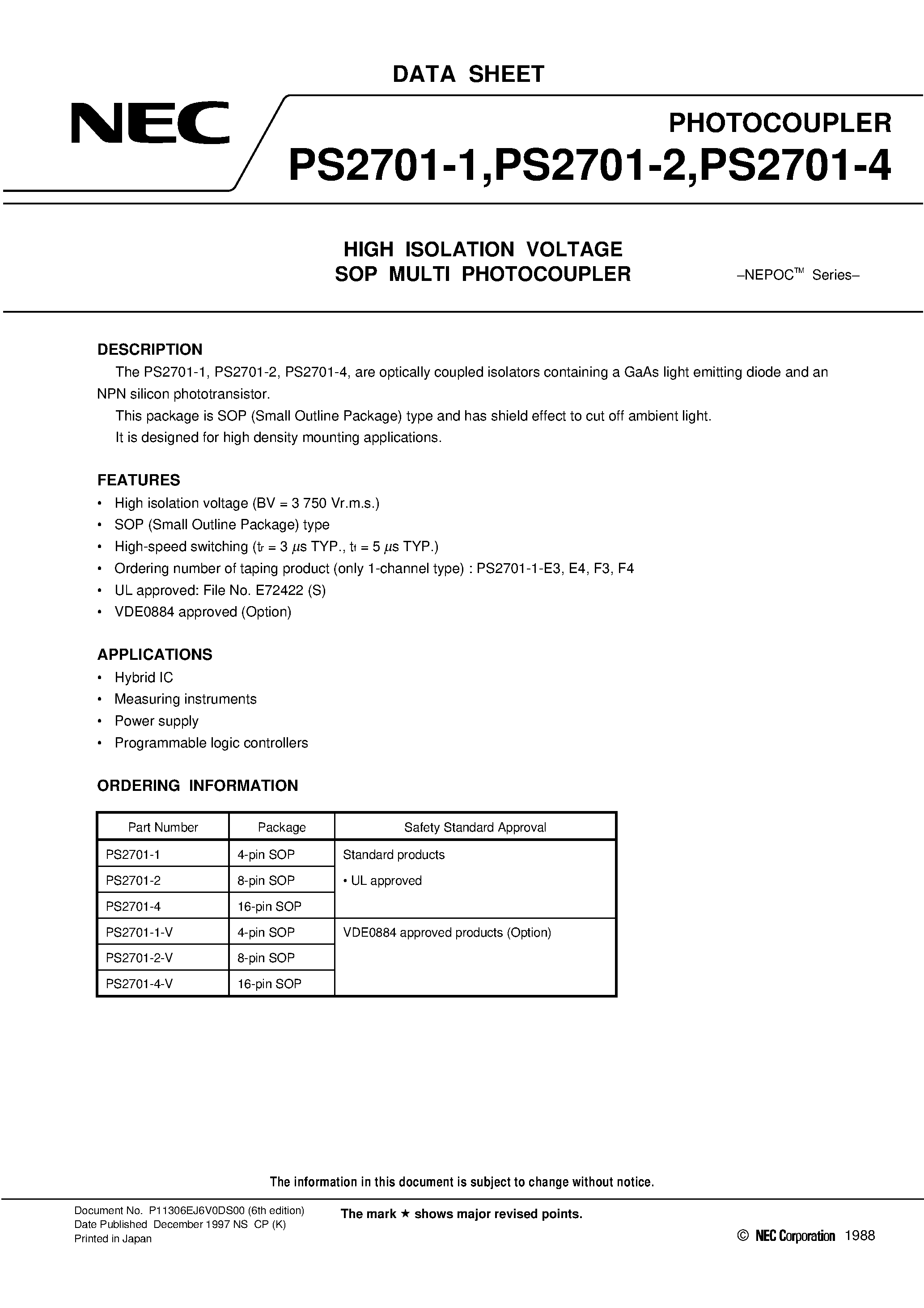 Datasheet PS2701-1 - HIGH ISOLATION VOLTAGE SOP MULTI PHOTOCOUPLER page 1