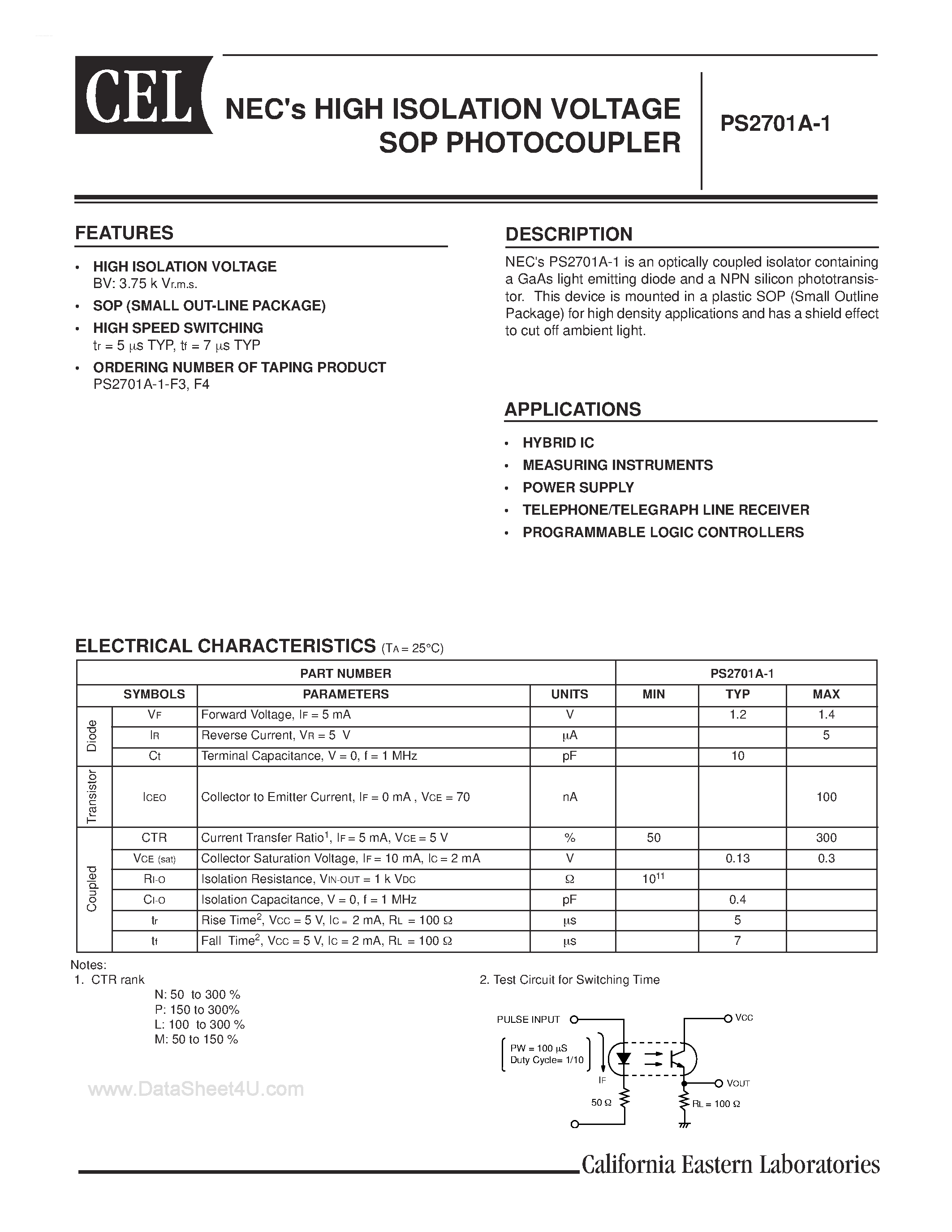 Datasheet PS2701A-1-V-F4 page 1 Datasheet PS2701A-1-V-F4 - NEC is HIGH ISOLATION VOLTAGE SOP PHOTOCOUPLER page 1