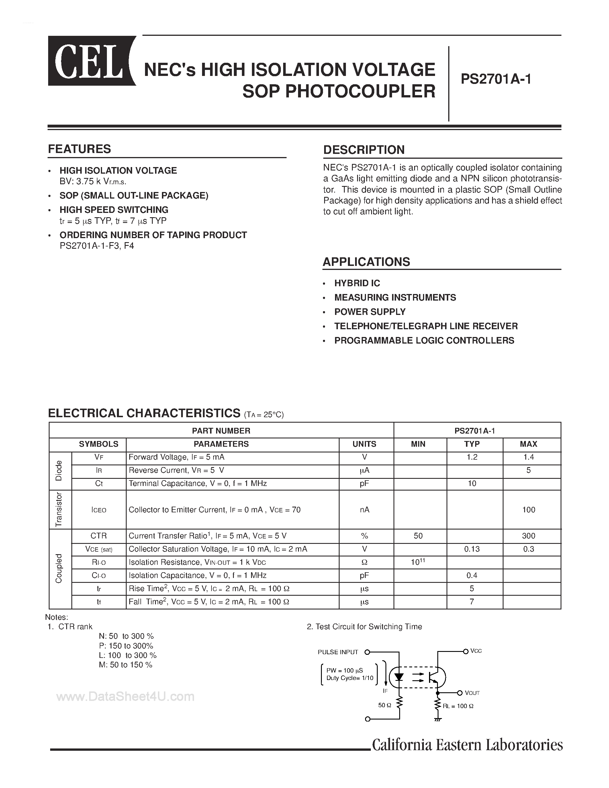 Datasheet PS2701A-1-V-F4 - NEC is HIGH ISOLATION VOLTAGE SOP PHOTOCOUPLER page 1