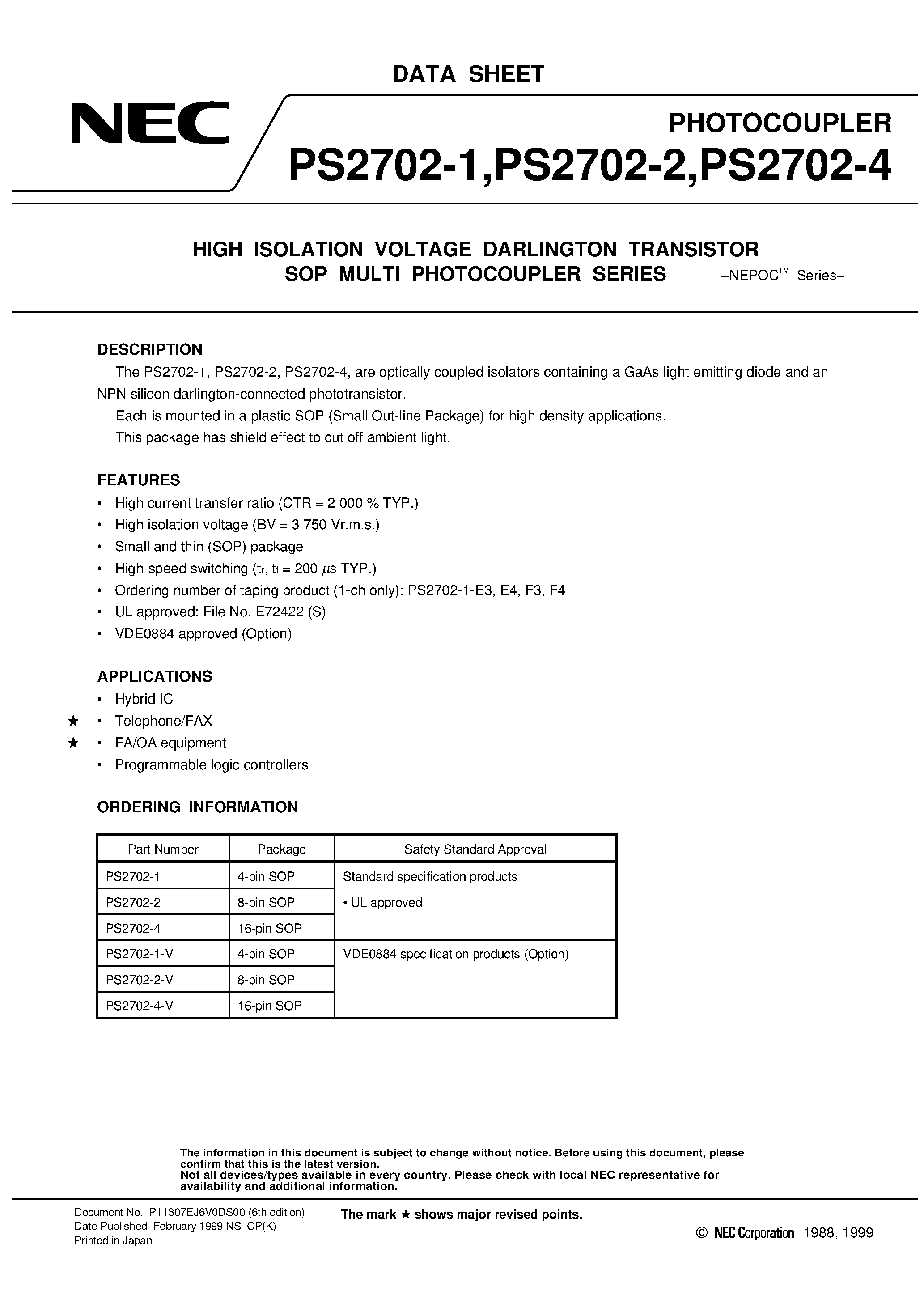 Datasheet PS2702-1 - HIGH ISOLATION VOLTAGE DARLINGTON TRANSISTOR SOP MULTI PHOTOCOUPLER SERIES page 1
