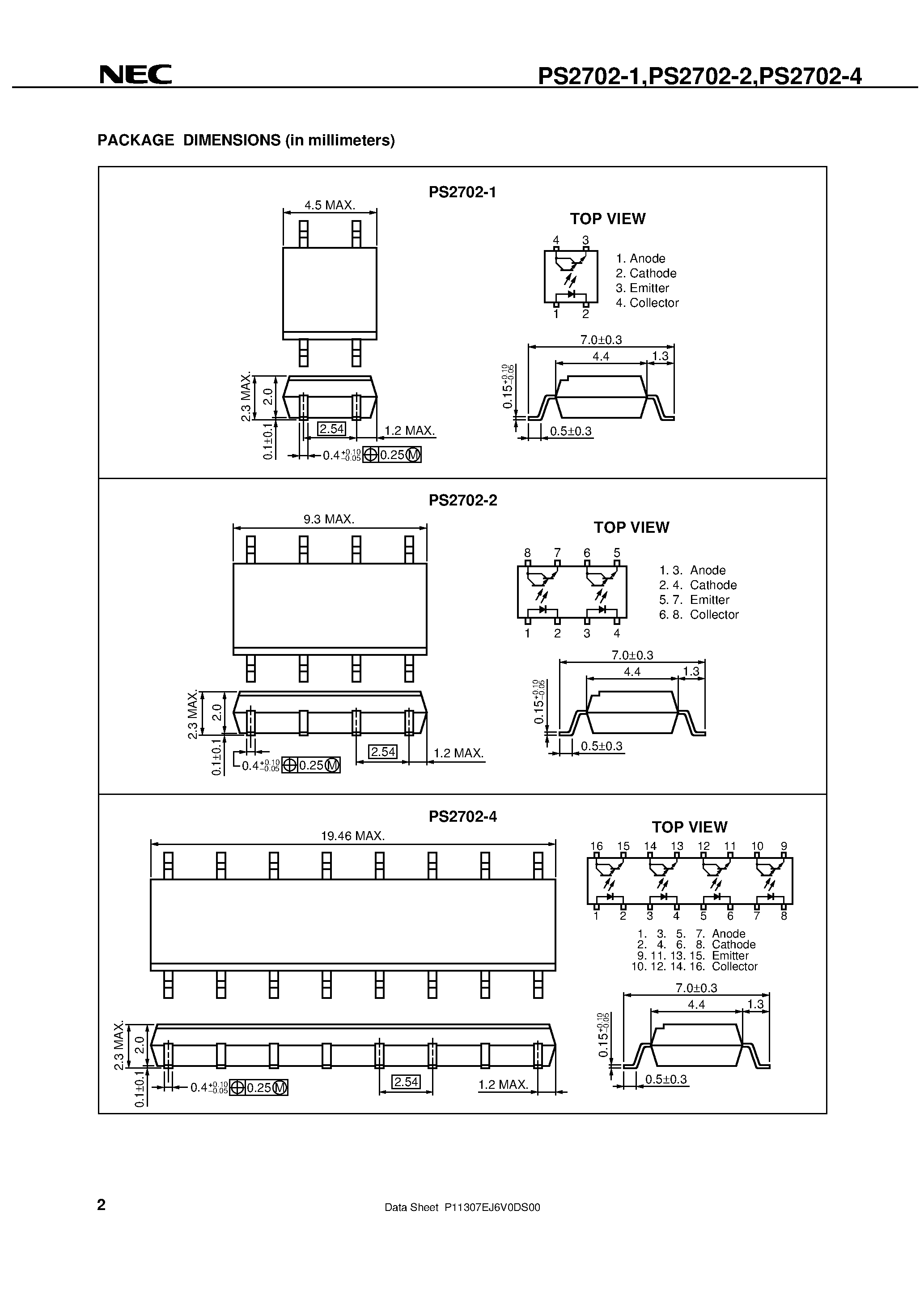 Datasheet PS2702-1 - HIGH ISOLATION VOLTAGE DARLINGTON TRANSISTOR SOP MULTI PHOTOCOUPLER SERIES page 2