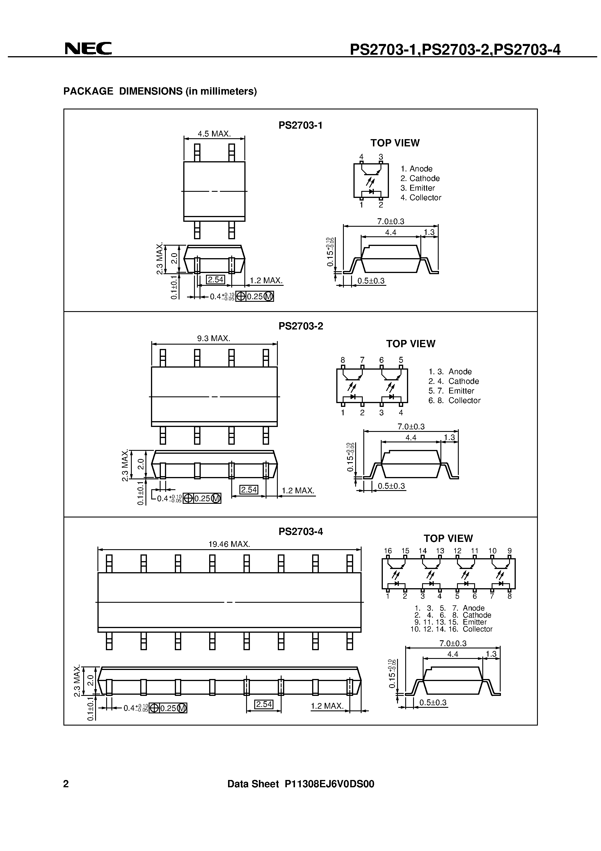 Datasheet PS2703-1 - HIGH ISOLATION VOLTAGE HIGH COLLECTOR TO EMITTER VOLTAGE TYPE SOP MULTI PHOTOCOUPLER page 2
