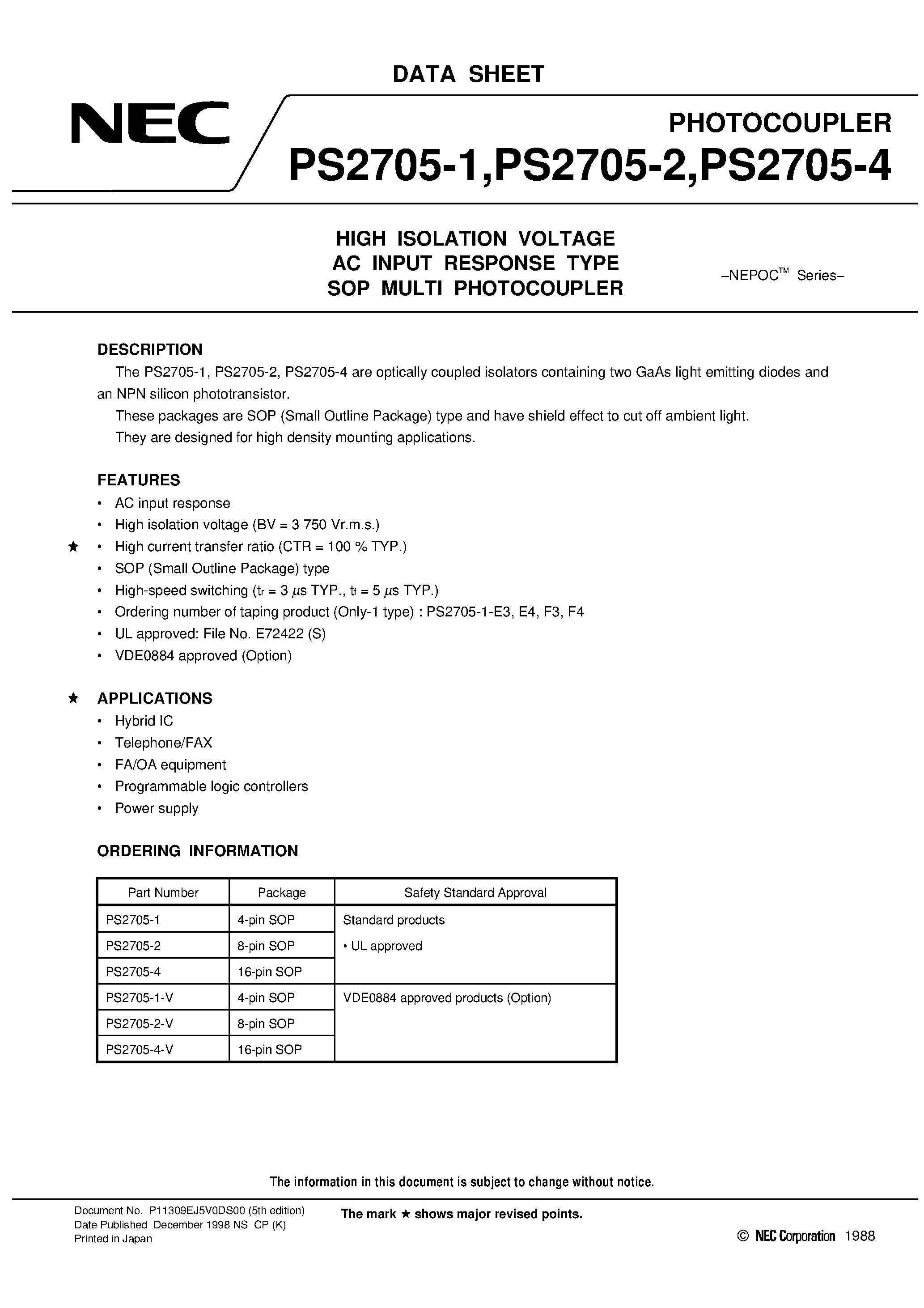 Datasheet PS2705-1 - HIGH ISOLATION VOLTAGE AC INPUT RESPONSE TYPE SOP MULTI PHOTOCOUPLER page 1