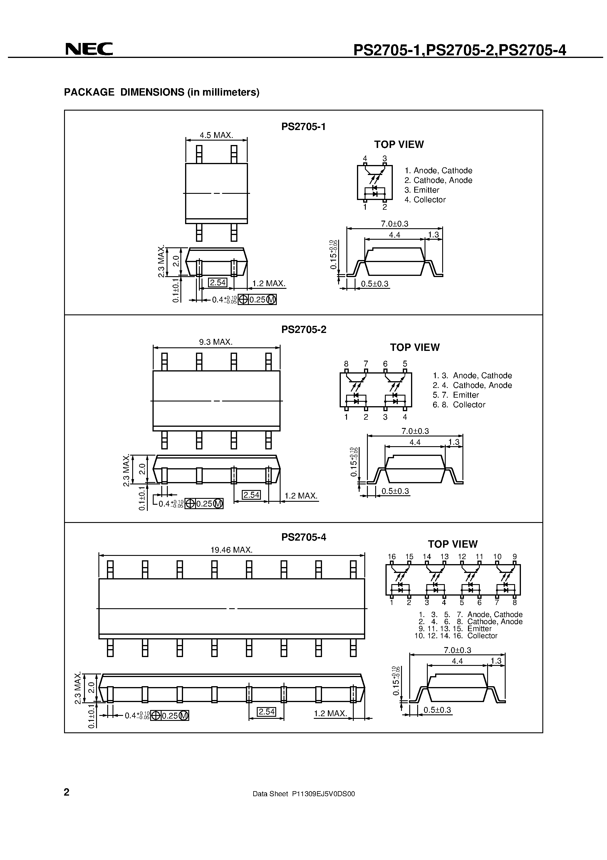 Datasheet PS2705-1 - HIGH ISOLATION VOLTAGE AC INPUT RESPONSE TYPE SOP MULTI PHOTOCOUPLER page 2