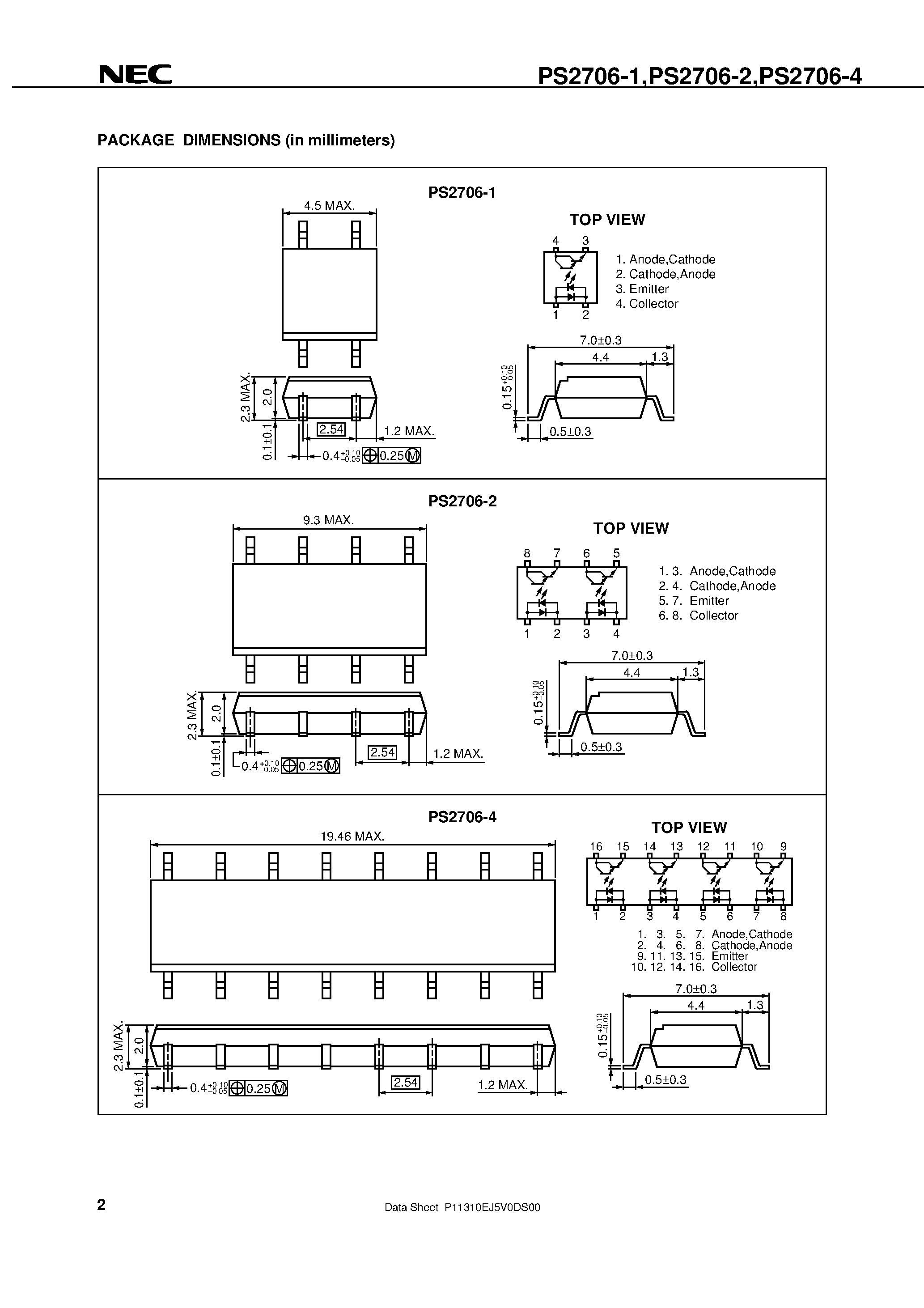 Datasheet PS2706-1 page 2 Datasheet PS2706-1 - AC INPUT RESPONSE DARLINGTON TRANSISTOR SOP MULTI PHOTOCOUPLER SERIES page 2