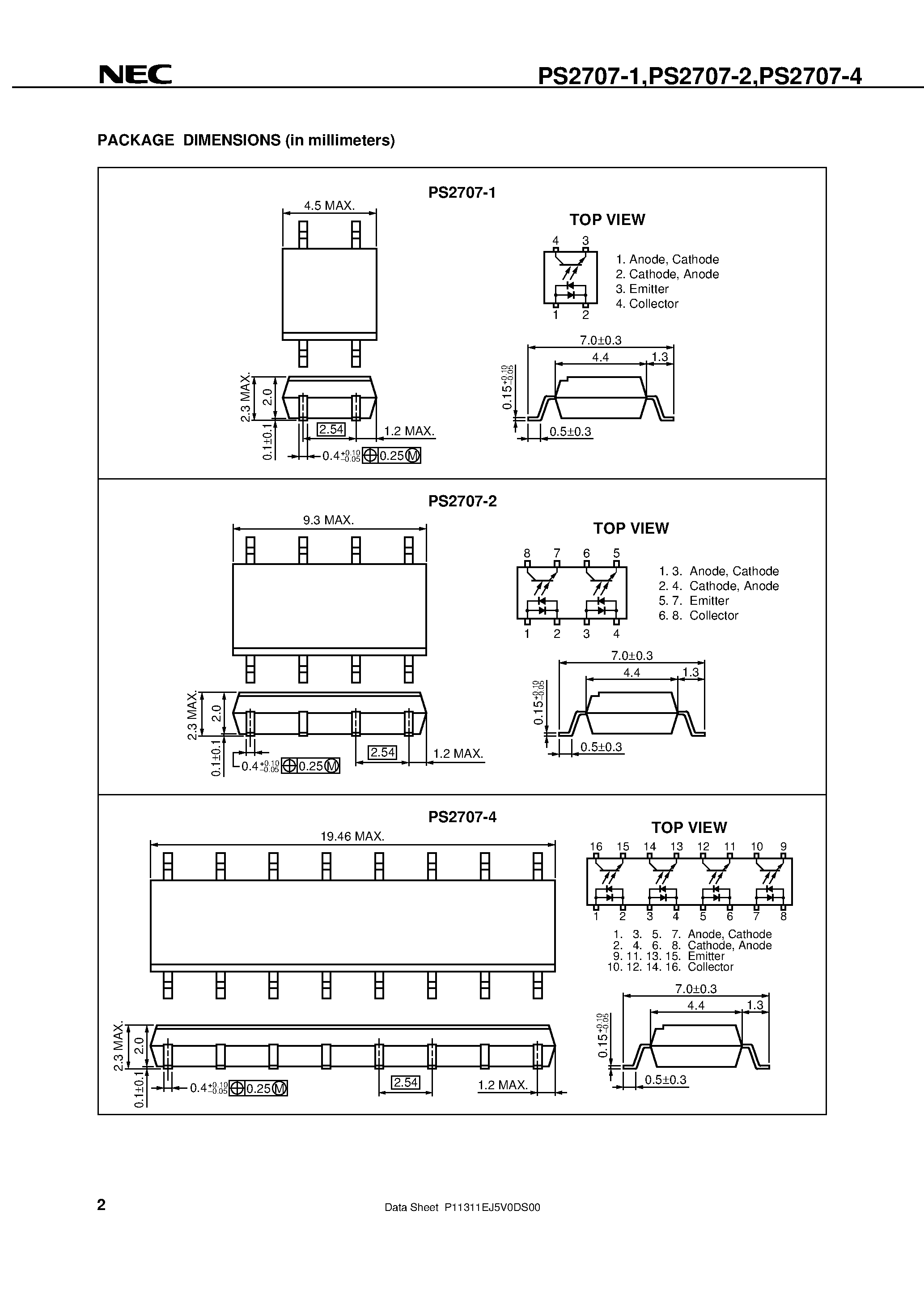 Datasheet PS2707-4 - AC INPUT RESPONSE HIGH COLLECTOR TO EMITTER VOLTAGE TYPE SOP MULTI PHOTOCOUPLER SERIES page 2