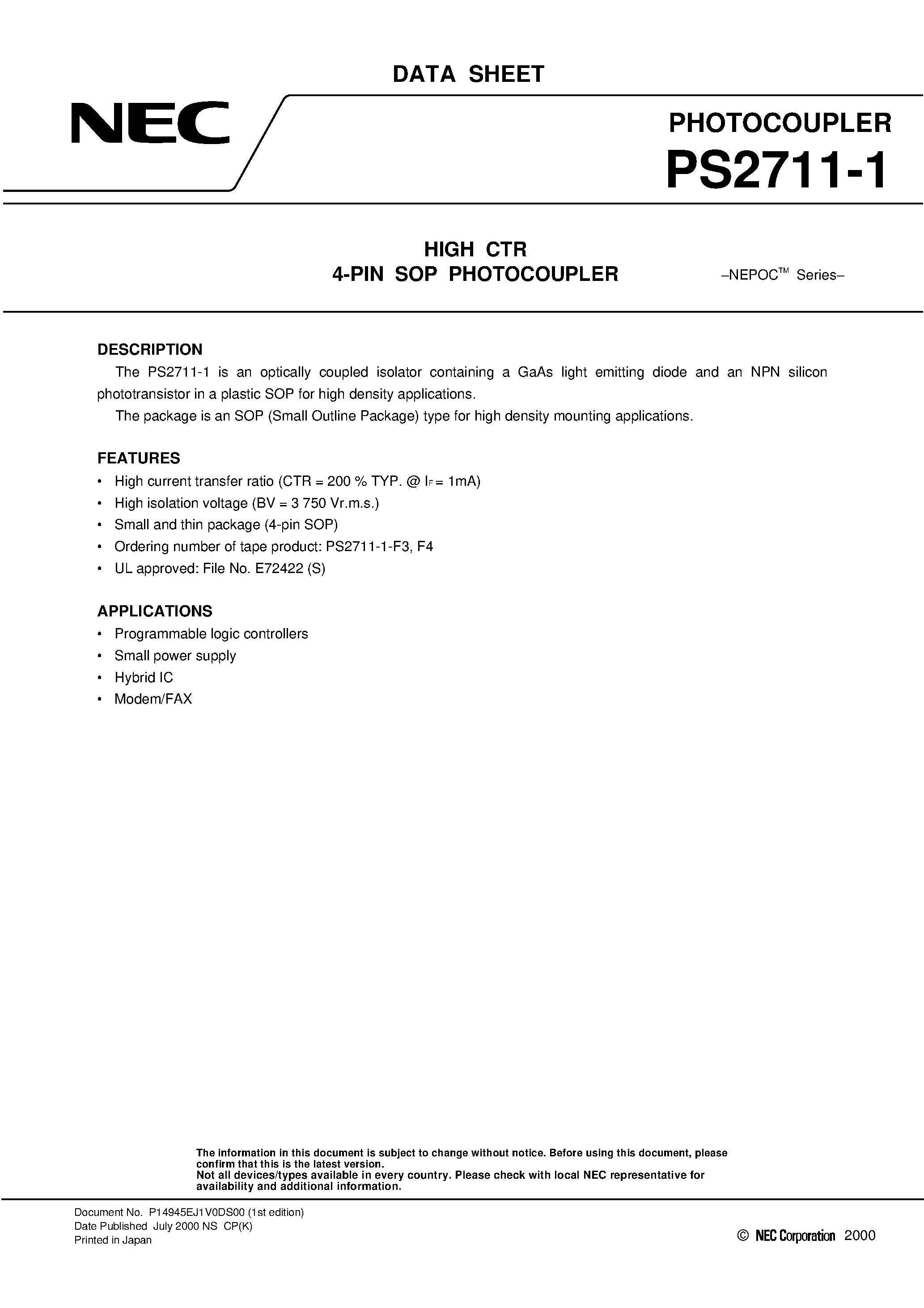Datasheet PS2711-1-F3 - HIGH CTR 4-PIN SOP PHOTOCOUPLER page 1