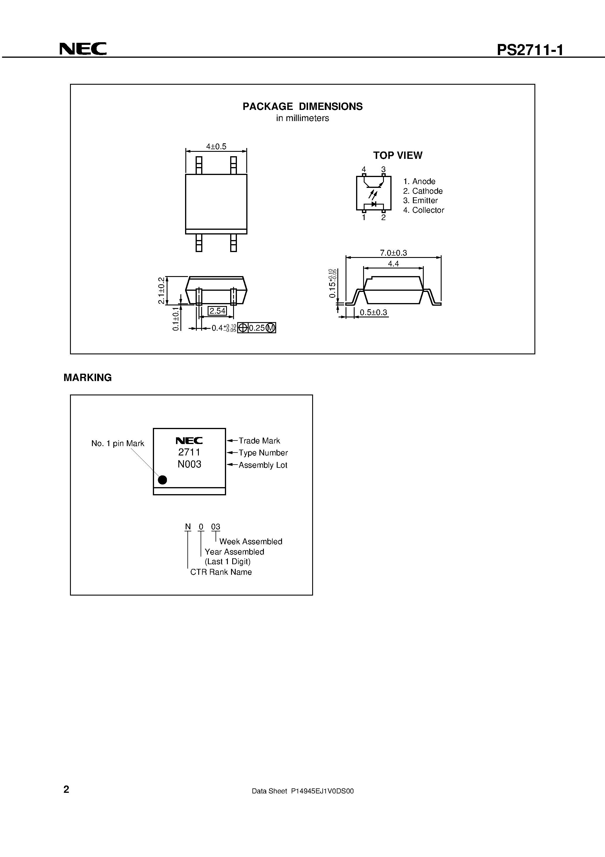 Datasheet PS2711-1-F4 - HIGH CTR 4-PIN SOP PHOTOCOUPLER page 2