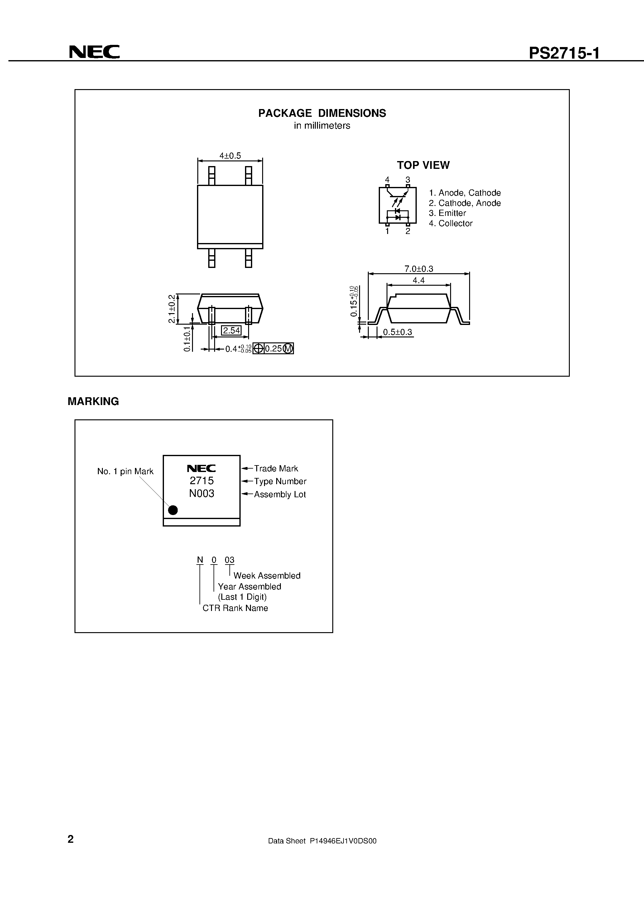 Datasheet PS2715-1-F3 - HIGH CTR / AC INPUT 4-PIN SOP PHOTOCOUPLER page 2