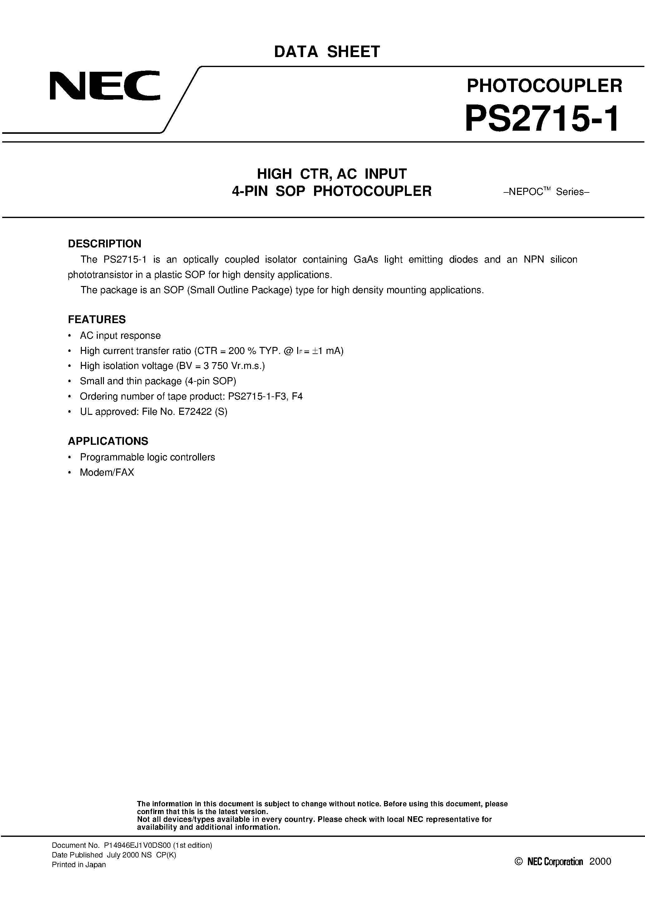 Datasheet PS2715-1-F4 - HIGH CTR / AC INPUT 4-PIN SOP PHOTOCOUPLER page 1