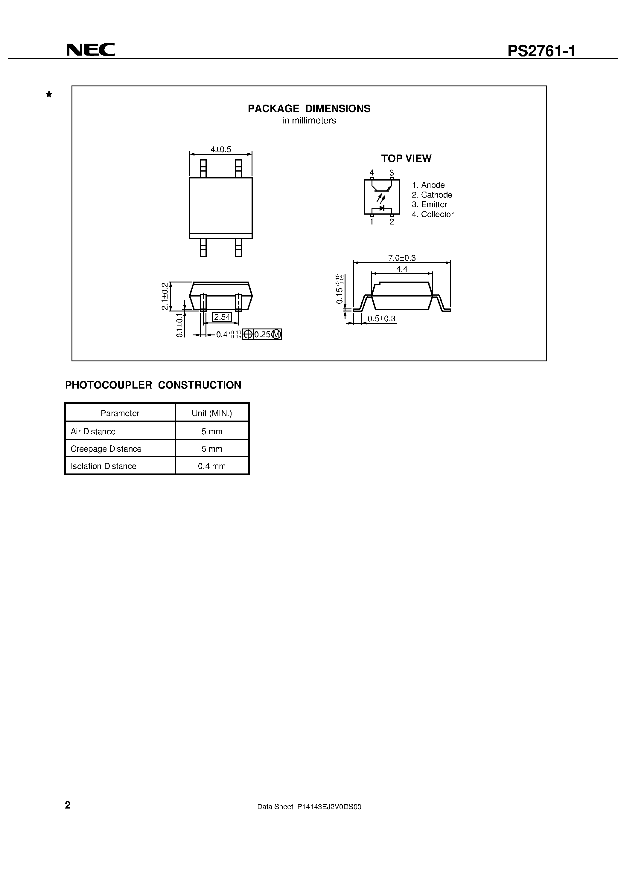 Datasheet PS2761-1 - HIGH ISOLATION VOLTAGE 4-PIN SOP PHOTOCOUPLER page 2