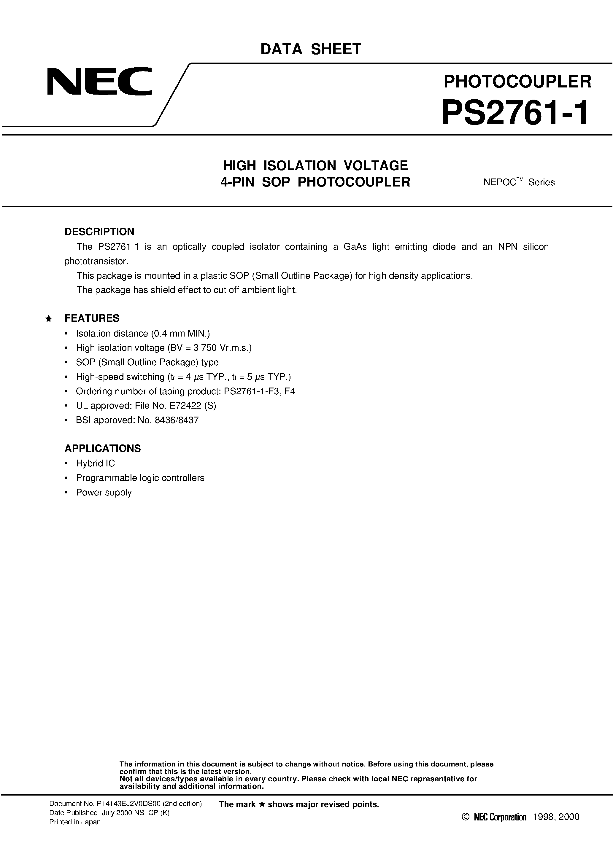 Datasheet PS2761-1-F3 - HIGH ISOLATION VOLTAGE 4-PIN SOP PHOTOCOUPLER page 1