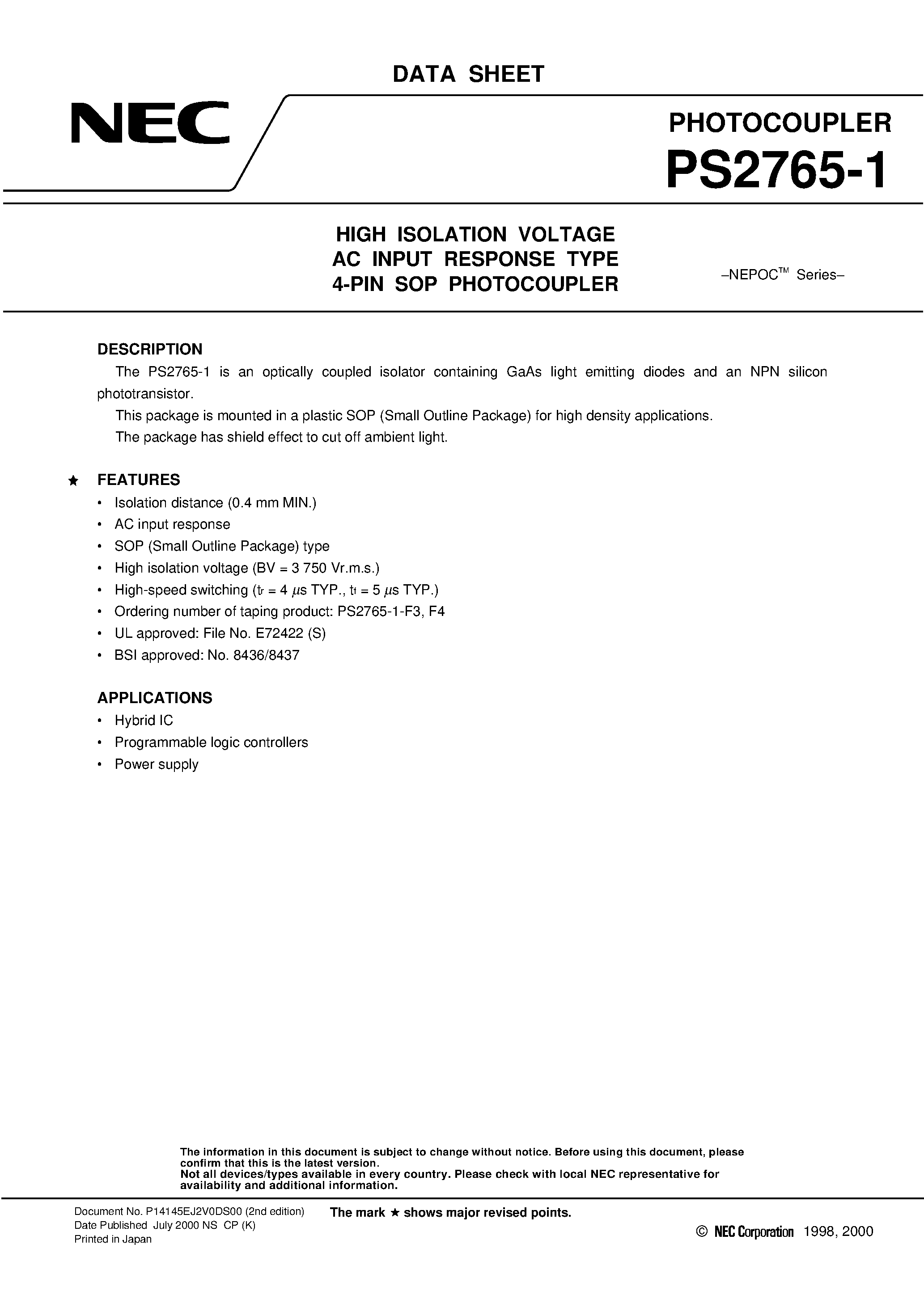 Datasheet PS2765-1-F4 - HIGH ISOLATION VOLTAGE AC INPUT RESPONSE TYPE 4-PIN SOP PHOTOCOUPLER page 1