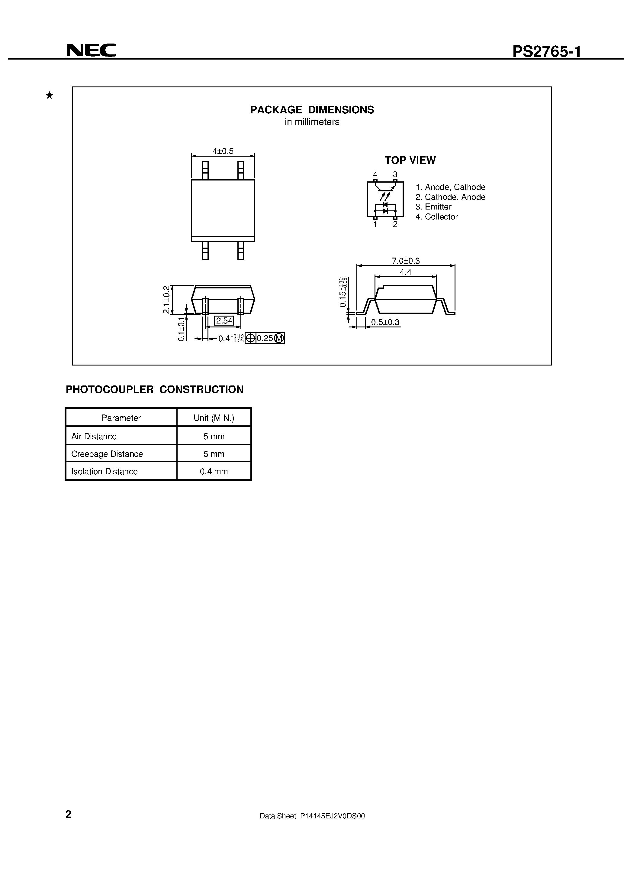 Datasheet PS2765-1-F4 - HIGH ISOLATION VOLTAGE AC INPUT RESPONSE TYPE 4-PIN SOP PHOTOCOUPLER page 2