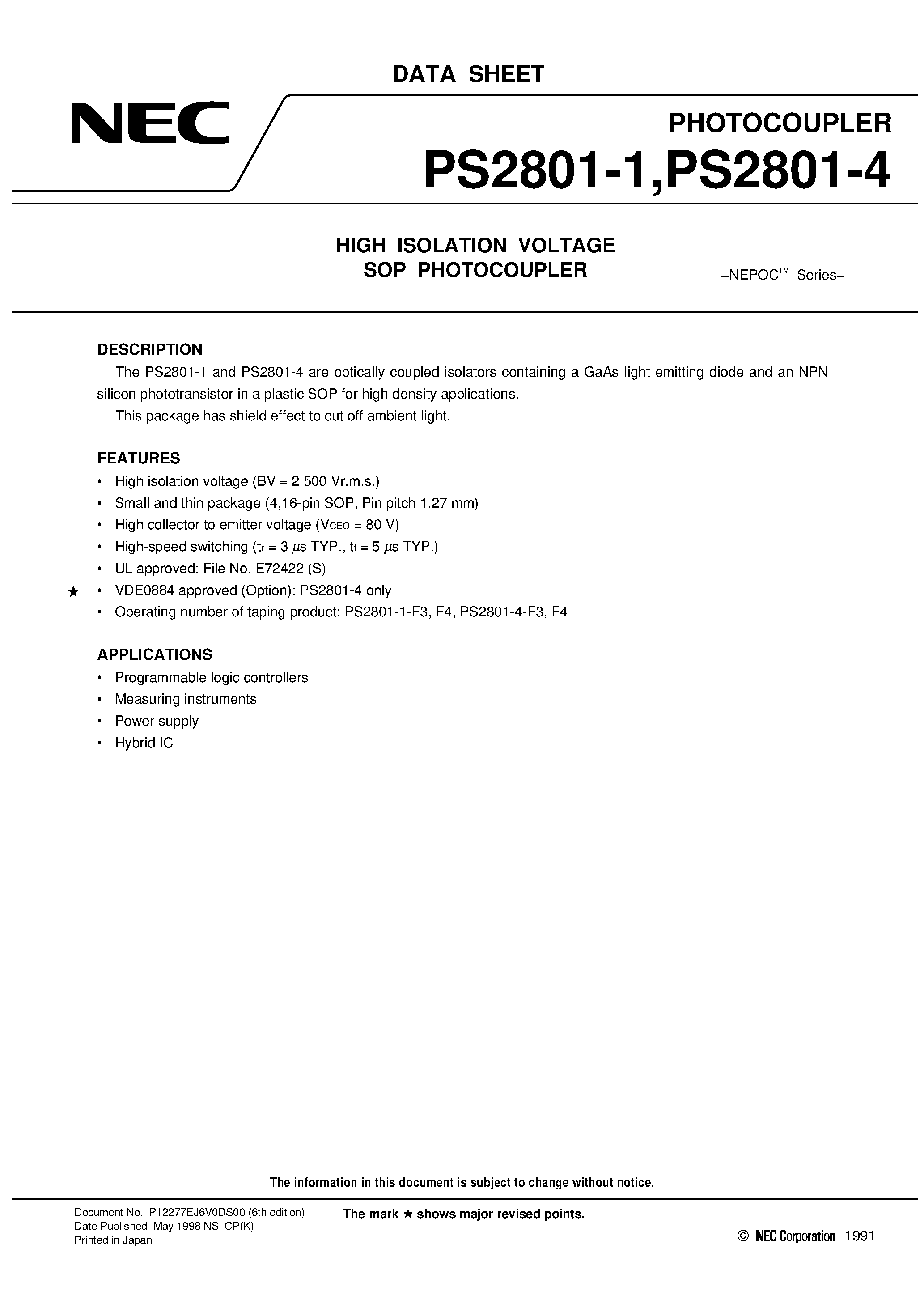 Даташит PS2801-1-F4 - HIGH ISOLATION VOLTAGE SOP PHOTOCOUPLER страница 1