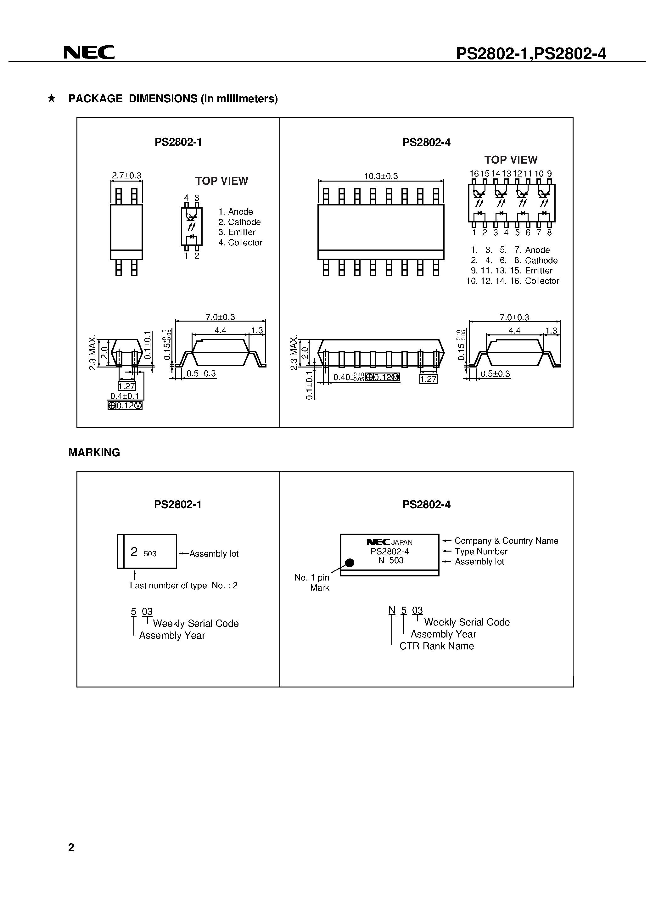 Даташит PS2802-1-F3 - HIGH ISOLATION VOLTAGE DARLINGTON TRANSISTOR TYPE SOP PHOTOCOUPLER страница 2