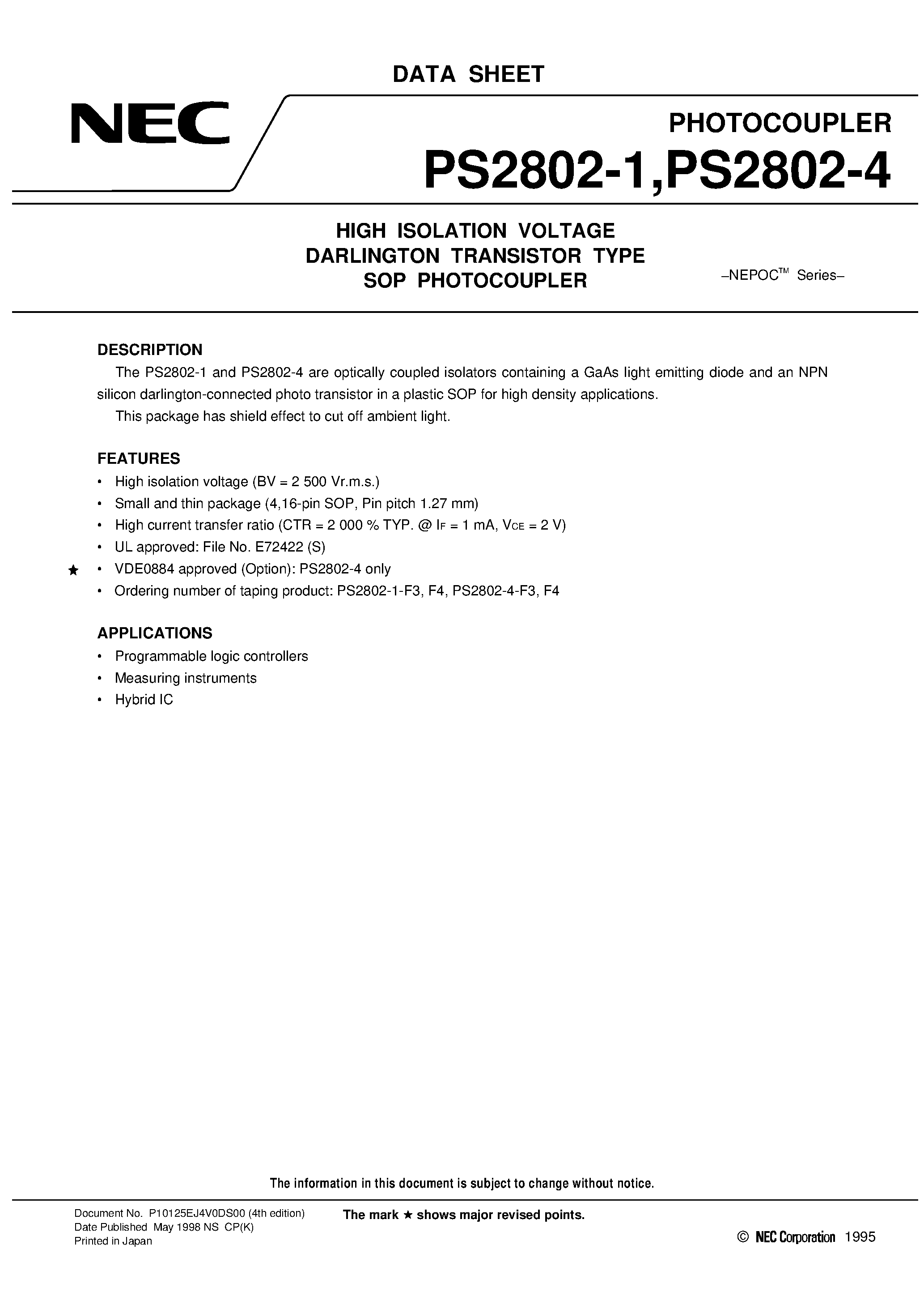 Datasheet PS2802-4 - HIGH ISOLATION VOLTAGE DARLINGTON TRANSISTOR TYPE SOP PHOTOCOUPLER page 1
