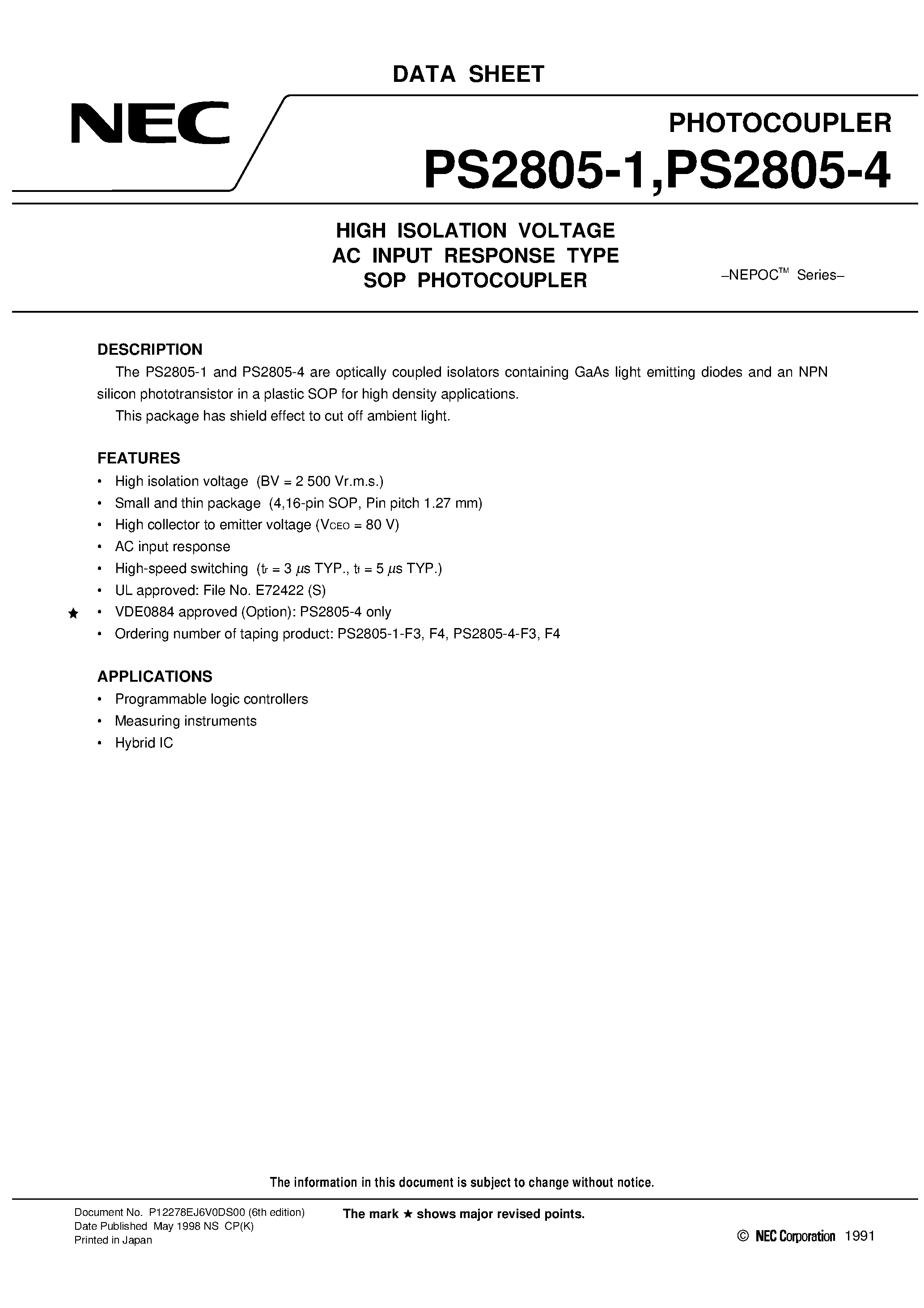 Datasheet PS2805-4 - HIGH ISOLATION VOLTAGE AC INPUT RESPONSE TYPE SOP PHOTOCOUPLER page 1