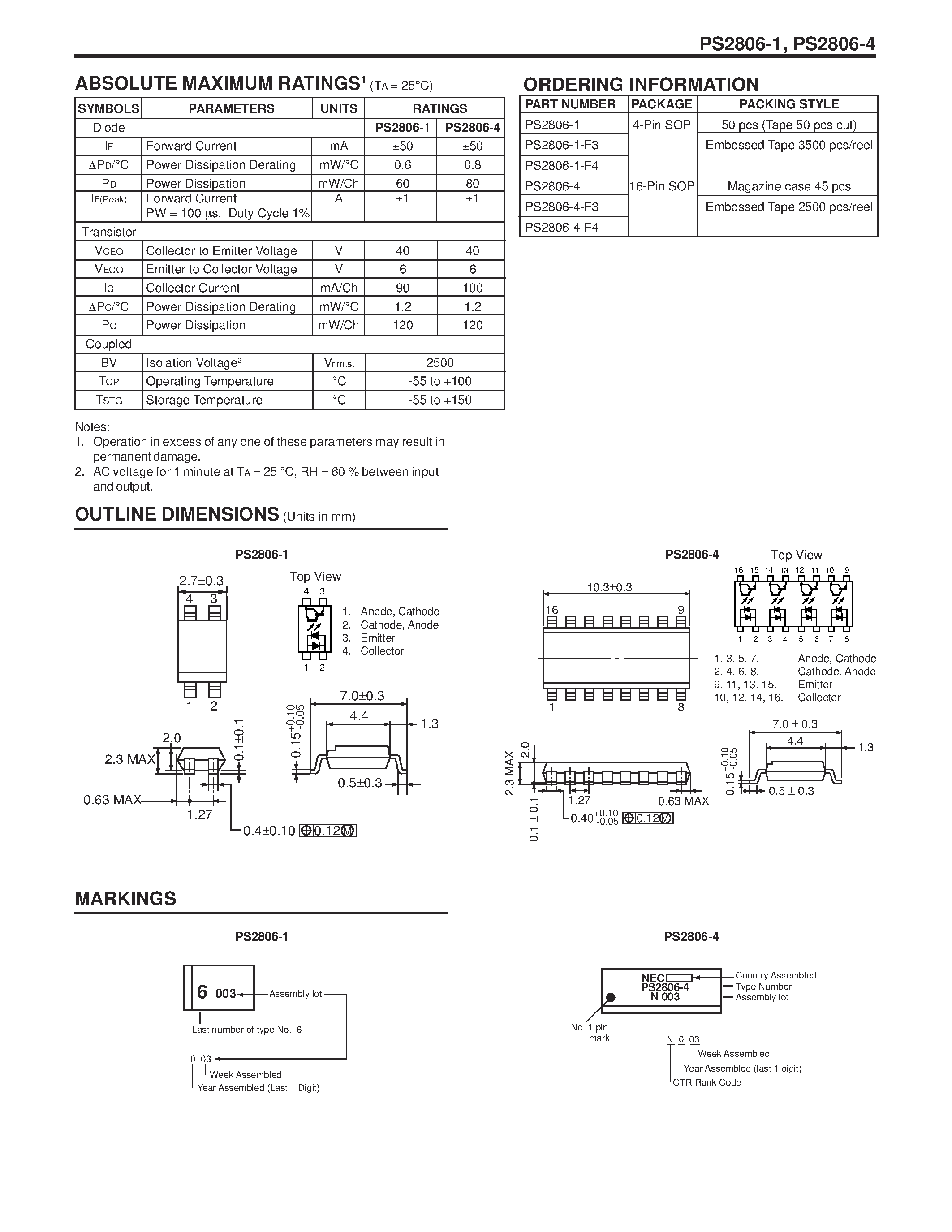Datasheet PS2806-4 - HIGH ISOLATION VOLTAGE AC INPUT DARLINGTON TRANSISTOR TYPE SOP OPTOCOUPLER page 2