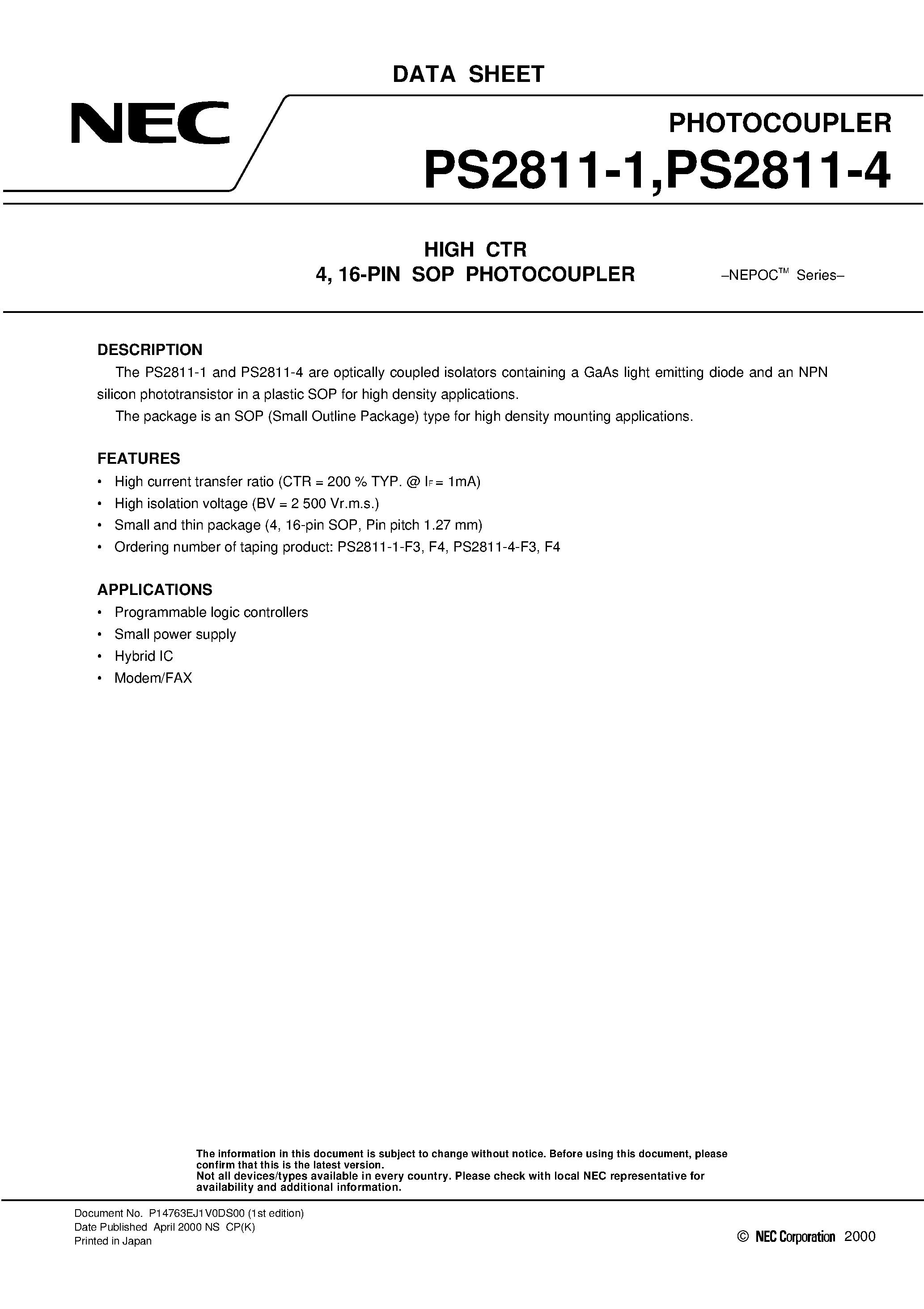 Datasheet PS2811-1 - HIGH CTR 4 / 16-PIN SOP PHOTOCOUPLER page 1